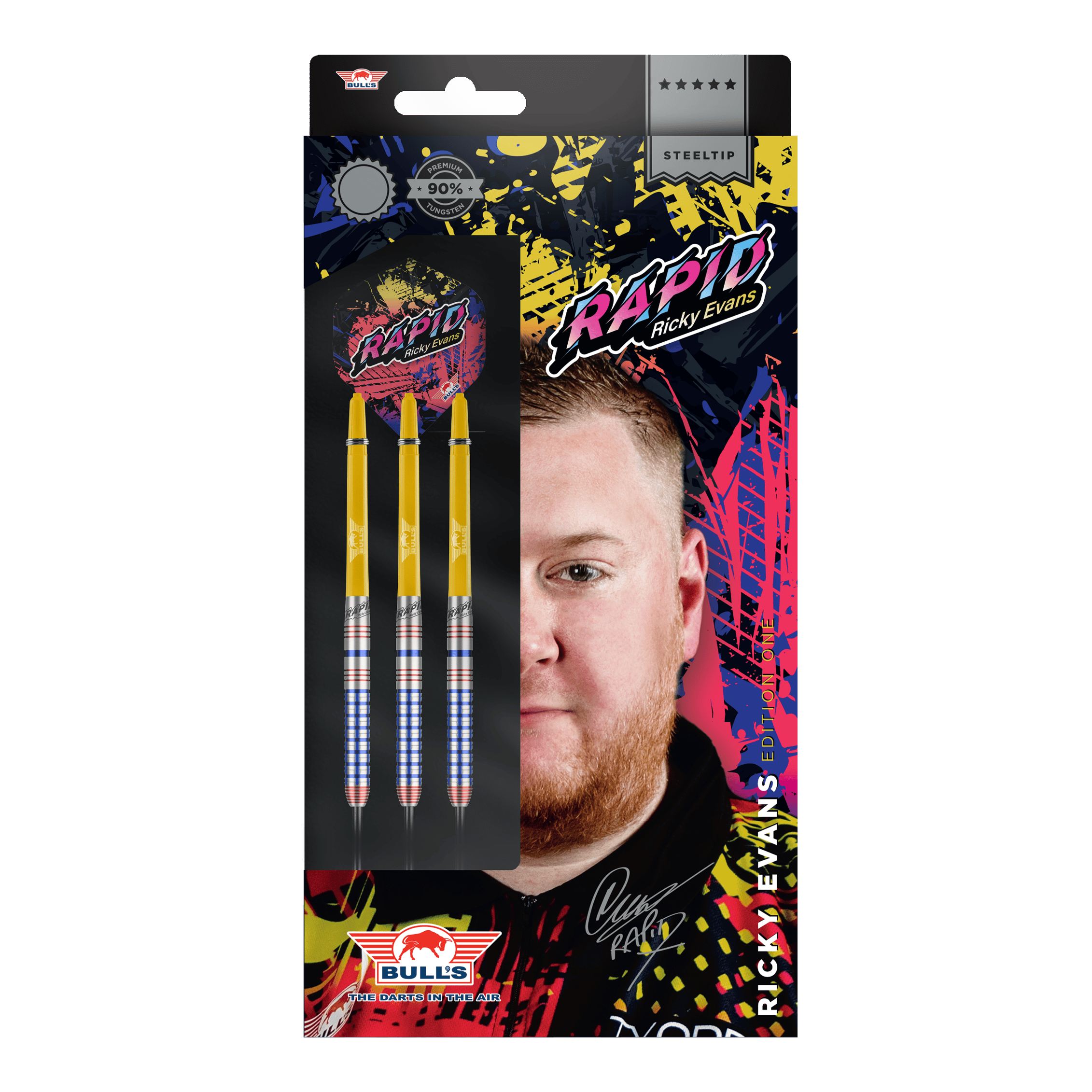 Bulls NL Ricky Evans Rapid Edition Uno Steeldarts Die Abbildung zeigt die Verpackung der "Bulls NL Ricky Evans Rapid Edition One Steeldarts". Auf der Packung sind drei gelb-silberne Steeldarts und ein Porträt von Ricky Evans zu sehen.
