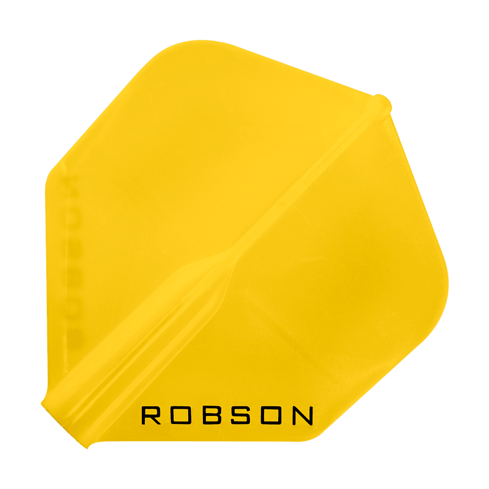 Das Bild zeigt ein gelbes Dartflight mit der Aufschrift "ROBSON". Das Flight hat eine Standardform und ist ein Zubehörteil für Darts.