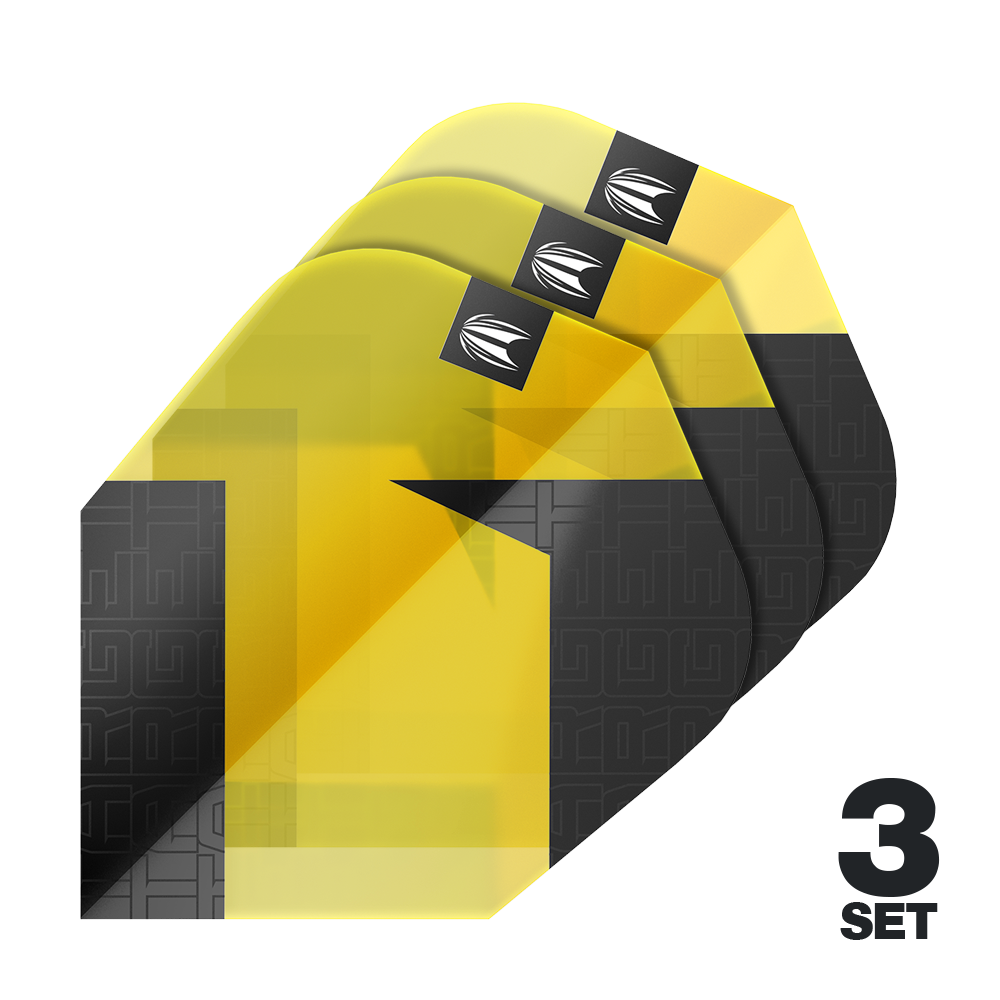 Target Pro Ultra TAG Yellow Ten-X Standard Flights - 3 set Das Bild zeigt drei Sets der Target Pro Ultra TAG Gelb Ten-X Standard Flights. Die Flights sind in Gelb und Schwarz gestaltet und eignen sich für Dartpfeile.