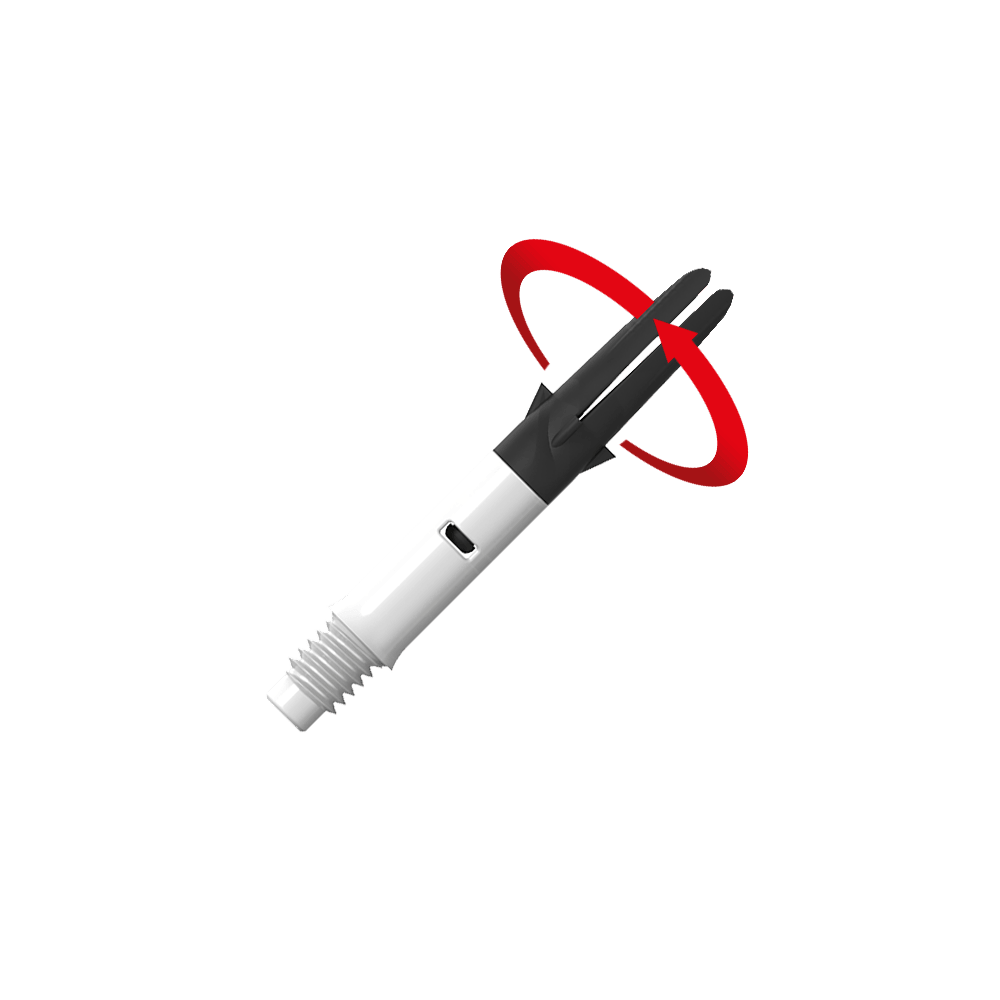 L-L-Style-Shaft Carbon Silent Straight - Bianco Das Bild zeigt einen weißen und schwarzen Dart-Schaft mit einem Gewinde am unteren Ende. Ein roter Pfeil deutet auf eine Drehbewegung des oberen Teils hin.