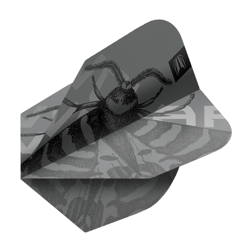 Target Pro Ultra Volar No6 Flights - 3 set Das Bild zeigt ein Dartflight mit einem schwarz-grauen Design und einer Abbildung eines Insekts. Es handelt sich um das Produkt "Target Pro Ultra Volar No6 Flights - 3 Sets".