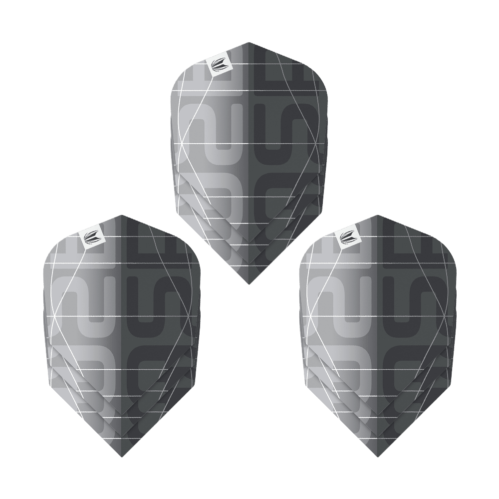Target Pro Ultra Aspinall X Echo No6 Flights - 3 set Das Bild zeigt drei Sätze der Target Pro Ultra Aspinall X Echo No6 Flights. Die Flights sind in einem modernen Schwarz-Grau-Design mit geometrischem Muster gehalten.