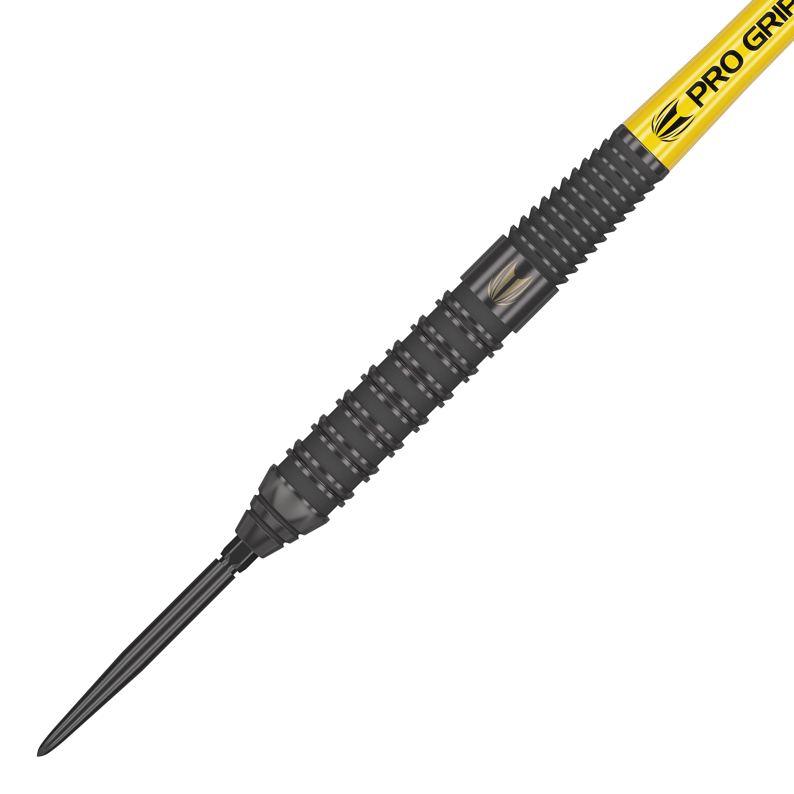 Freccette in acciaio Target Bolide Void 02 Swiss Point Das Bild zeigt den Target Bolide Void 02 Swiss Point Steeldart. Der Dart hat ein schwarzes Griffstück mit feinen Rillen und einer gelben „Pro Grip“-Beschriftung am Schaft.