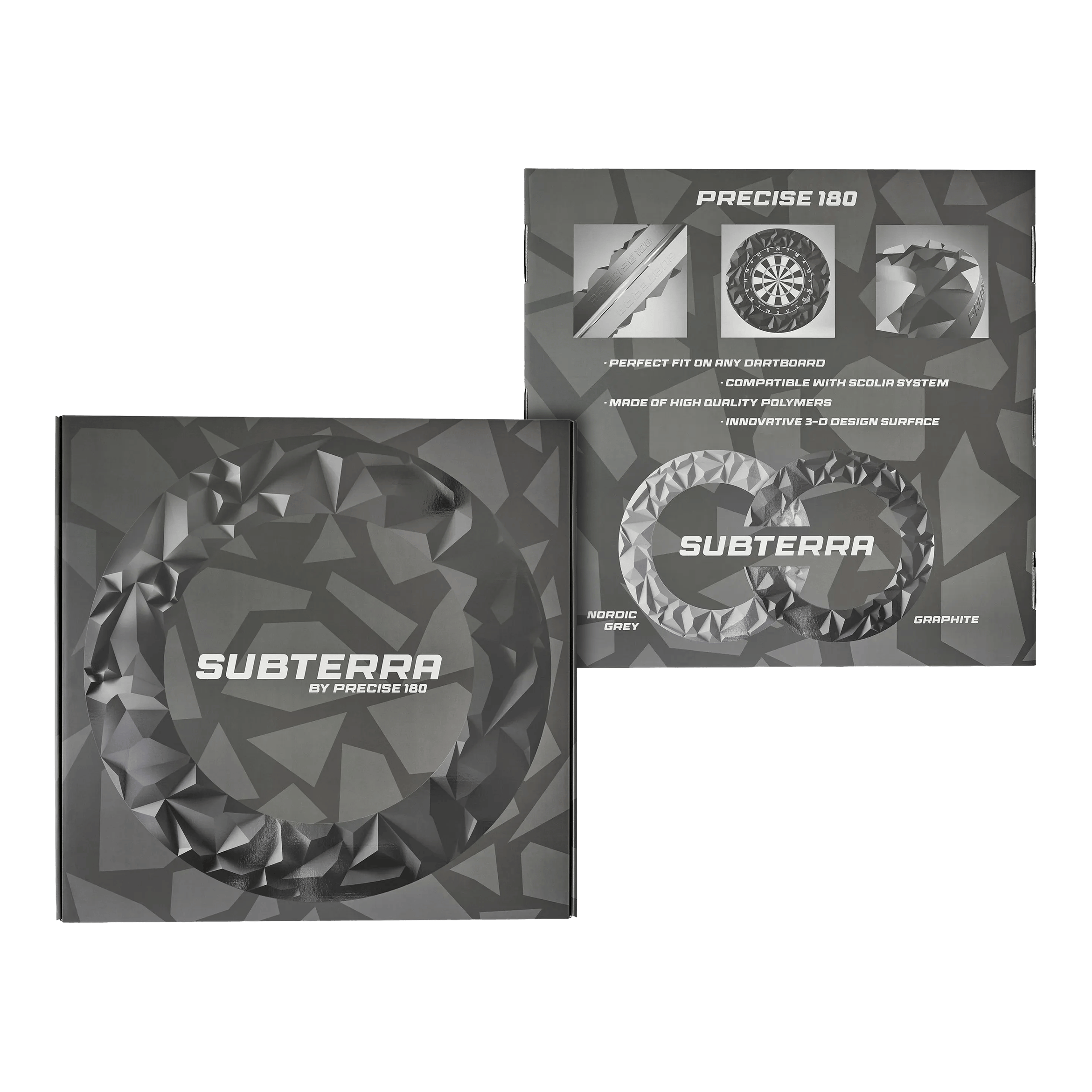 Das Bild zeigt das Precise 180 3D Dartboard Surround Subterra in Graphit. Es handelt sich um ein modernes Dartboard-Zubehör für den professionellen Einsatz.