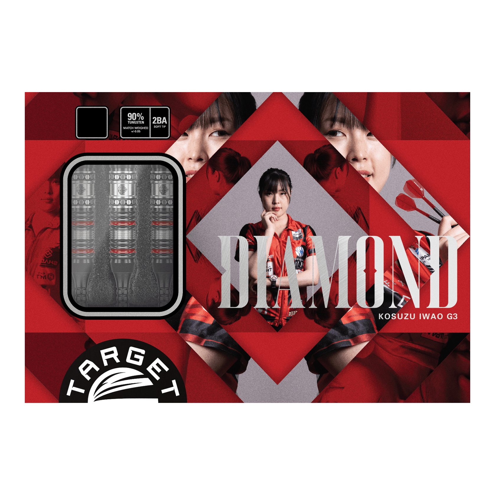 Freccette morbide Target Japan Prime Series Diamond GEN3 - 18 g Die Abbildung zeigt das Produkt "Target Japan Prime Series Diamond GEN3 Softdarts - 18g". Auf der Verpackung sind die Darts selbst sowie ein Porträt einer Frau und das Wort "DIAMOND" zu sehen.