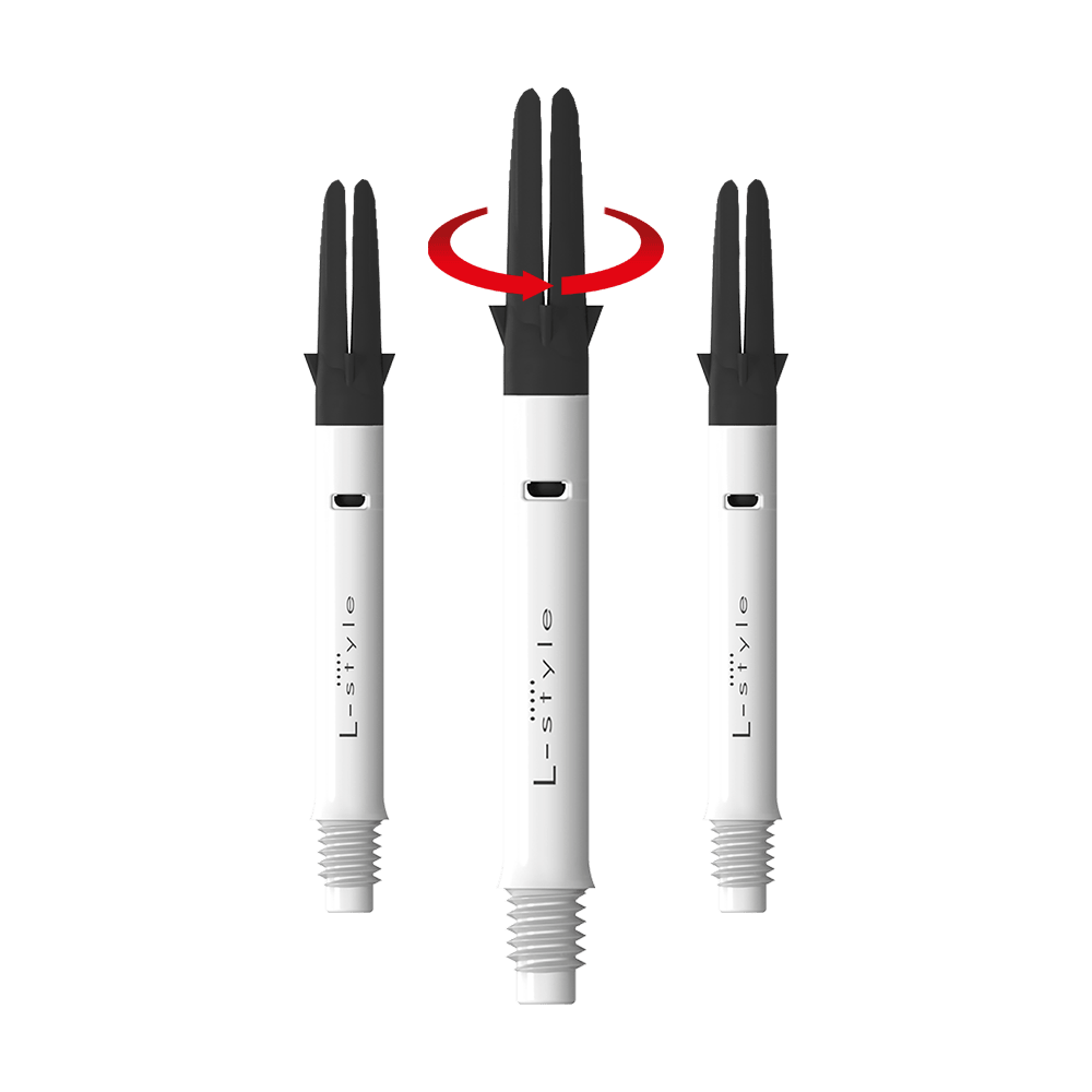 L-L-Style-Shaft Carbon Silent Straight - Bianco Auf dem Bild sind drei weiße Dartschäfte der Marke L-Style mit schwarzen Spitzen zu sehen. Über dem mittleren Schaft ist ein roter Pfeil, der auf eine Drehbewegung hinweist.