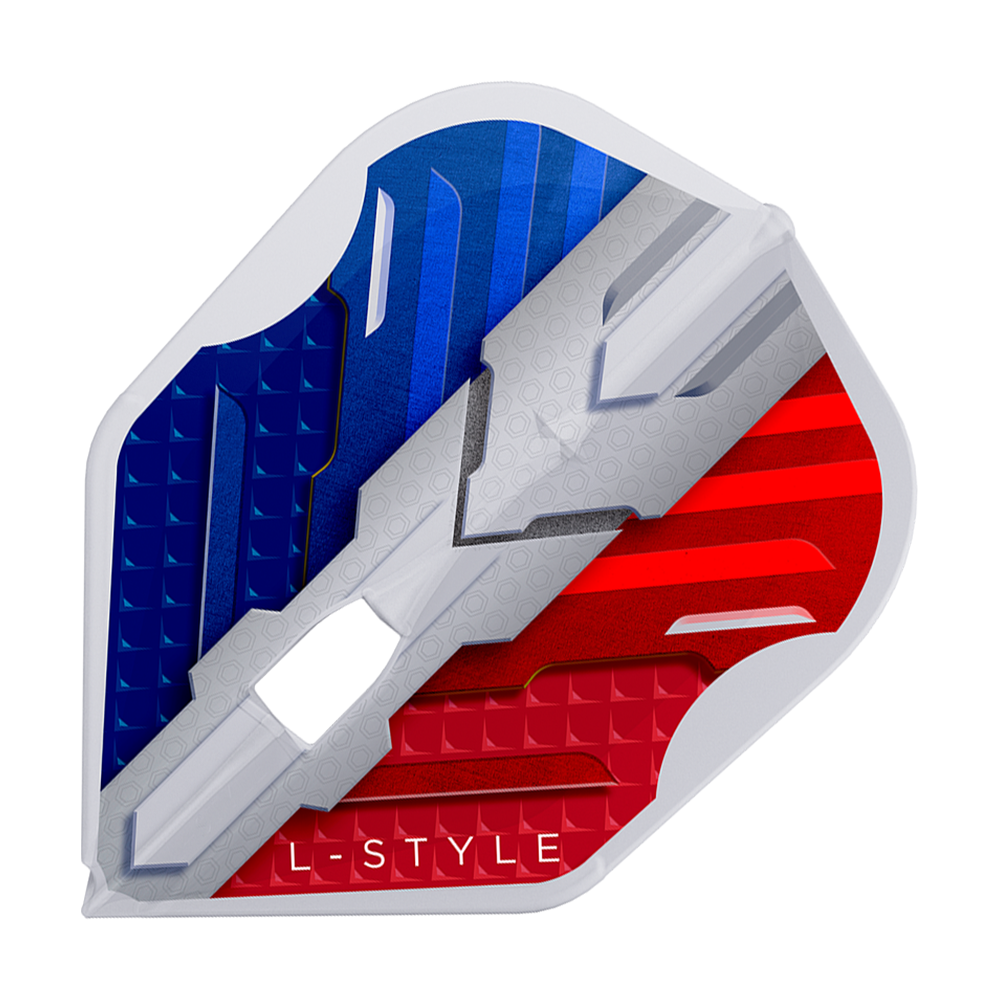 Alette L-Style V-Series V1 Tipo B Francia Bianco Trasparente L3PRO Das Bild zeigt das Produkt "L-Style V-Series V1 Type B France Clear White L3PRO Flights". Die Dart-Flight ist in den Farben Blau, Weiß und Rot gestaltet und trägt die Aufschrift "L-STYLE".