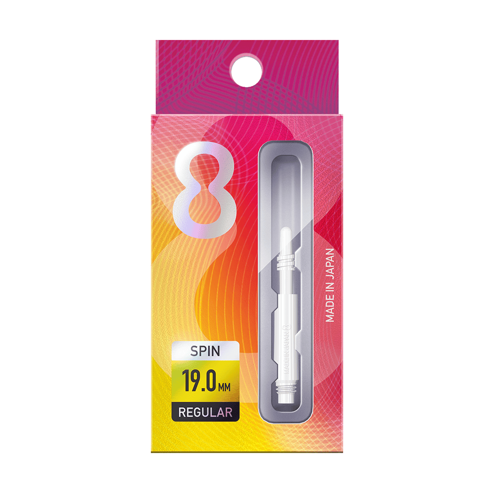 Die Abbildung zeigt eine Packung "8 Flight Regular Spin White Shafts". Die Verpackung ist bunt gestaltet und enthält einen weißen Schaft mit der Länge von 19,0 mm.