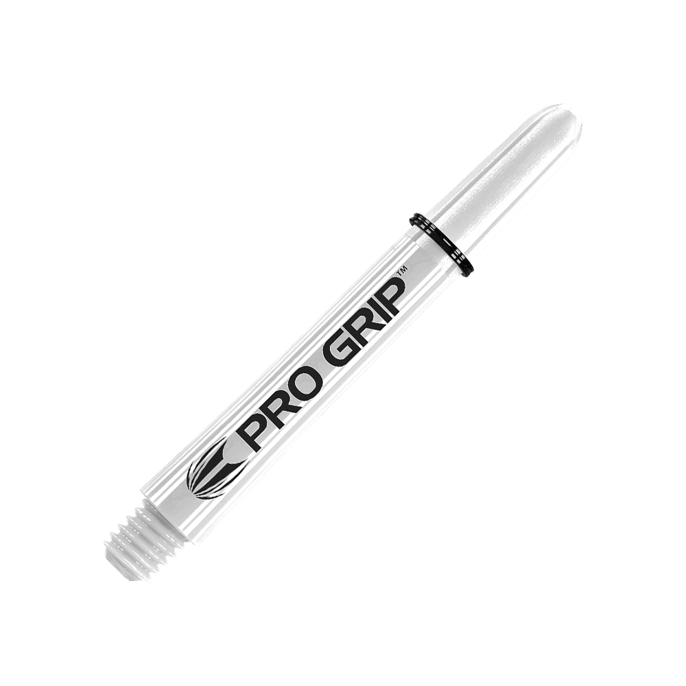 Target Pro Grip Shafts - 3 set - Bianco Das Bild zeigt einen weißen Pro Grip Schaft für Dartpfeile. Auf dem Schaft steht gut sichtbar der Schriftzug "PRO GRIP".
