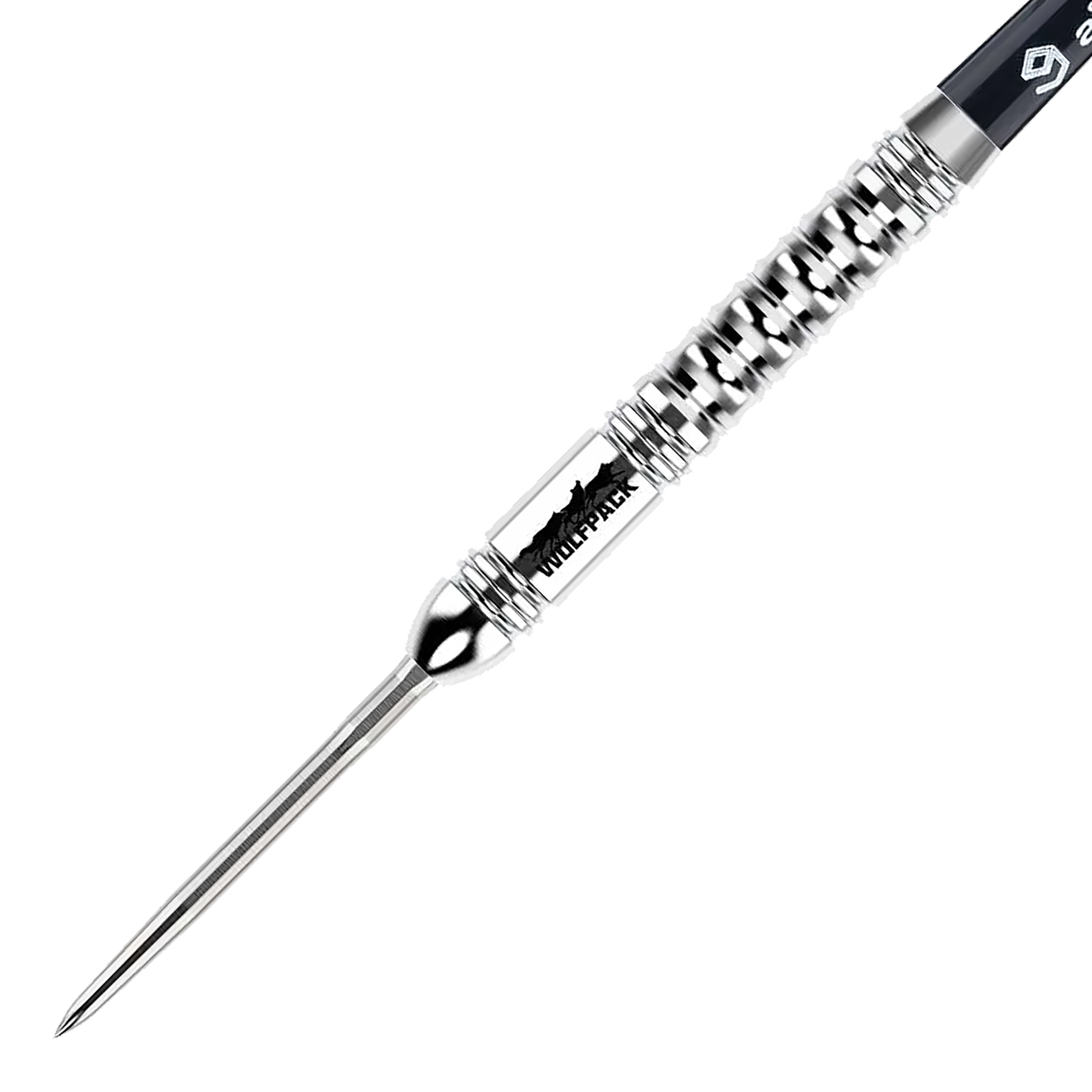 Freccette in acciaio Caliburn Wolfpack W1 - 23 g Das Bild zeigt einen Caliburn Wolfpack W1 Steeldart mit einem Gewicht von 23,5g. Der Dart hat ein silbernes, geriffeltes Design und ist mit dem Schriftzug "WOLFPACK" versehen.