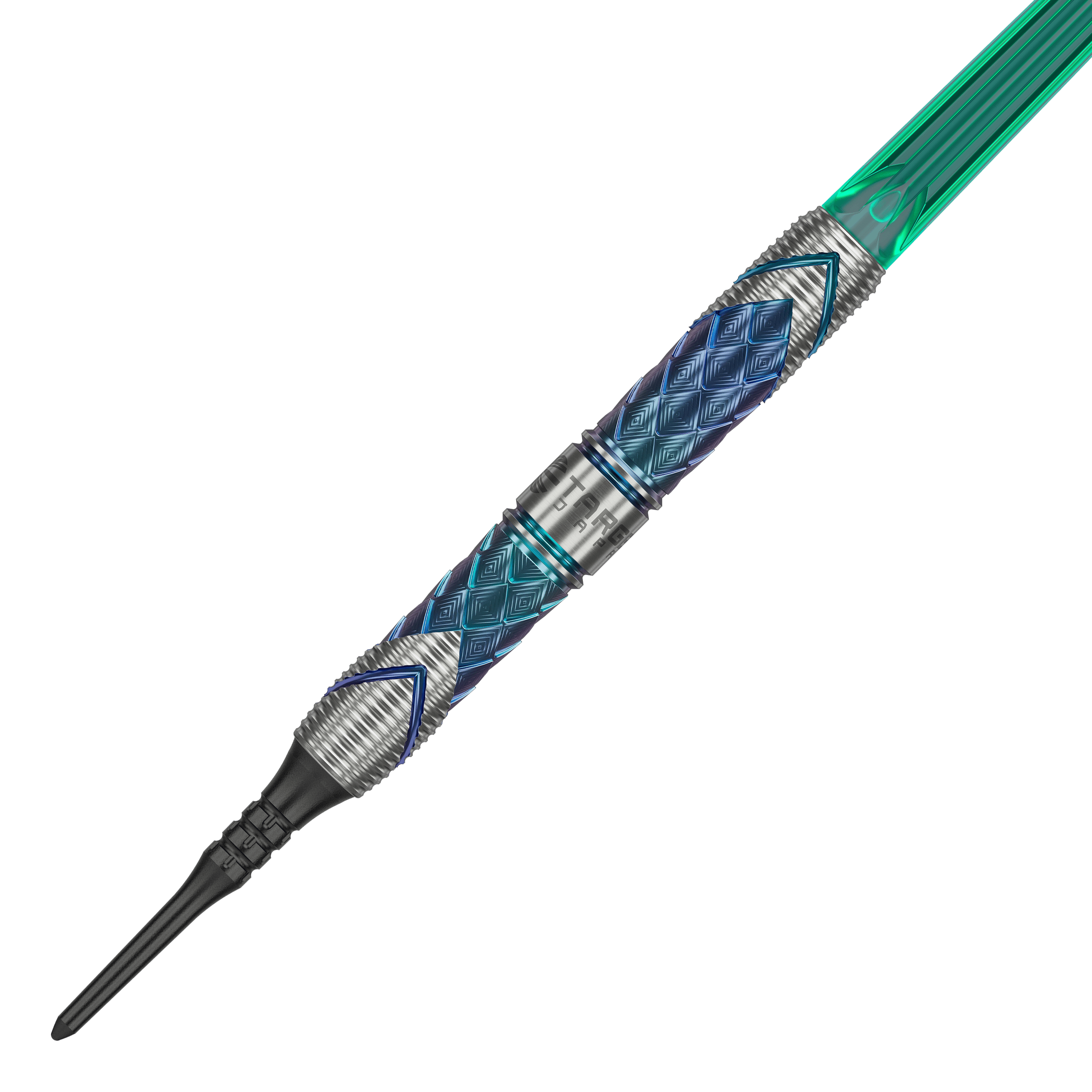 Target Japan Kaze Series Ceros 03 Freccette morbide - 19 g Das Bild zeigt einen Softdart der Marke Target Japan aus der Kaze Series, Modell Ceros 03 mit 19g Gewicht. Der Dartpfeil hat ein auffälliges, diamantförmiges Muster in Blau und Silber sowie einen grünen Schaft.