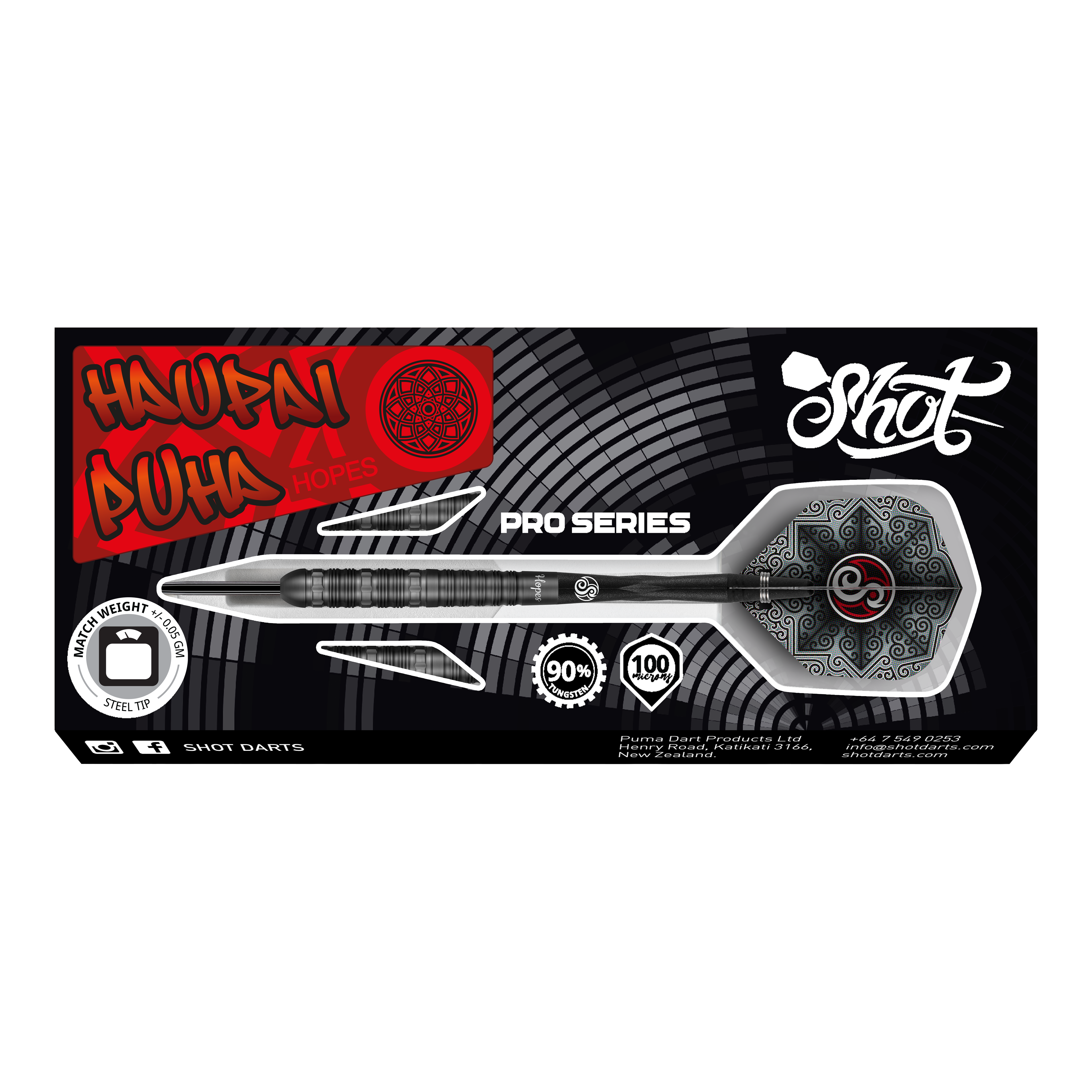 Shot Pro-Series Haupai Puha 2 freccette in acciaio - 24 g Das Bild zeigt die Verpackung der Shot Pro-Series Haupai Puha 2 Steeldarts mit 24g Gewicht. Die Verpackung ist schwarz mit auffälligen roten und weißen Designelementen sowie einem großen Bild eines Steeldarts.