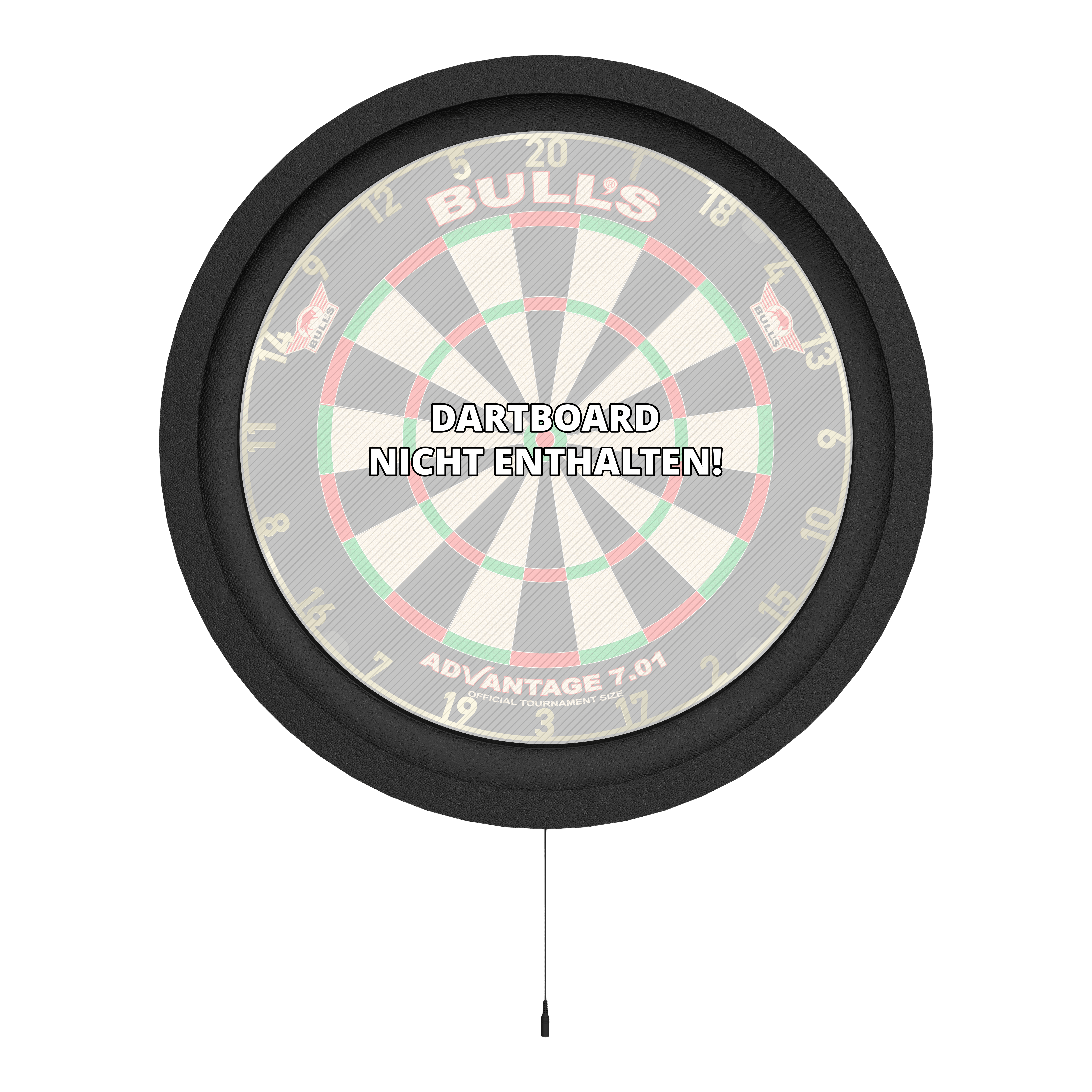 Sistema di illuminazione surround Bulls NL Lumo 2 Light Das Bild zeigt das Bulls NL Lumo 2 Light Surround Beleuchtungssystem, das einen Dartboard-Rahmen mit integrierter Beleuchtung darstellt. In der Mitte steht geschrieben "Dartboard nicht enthalten".