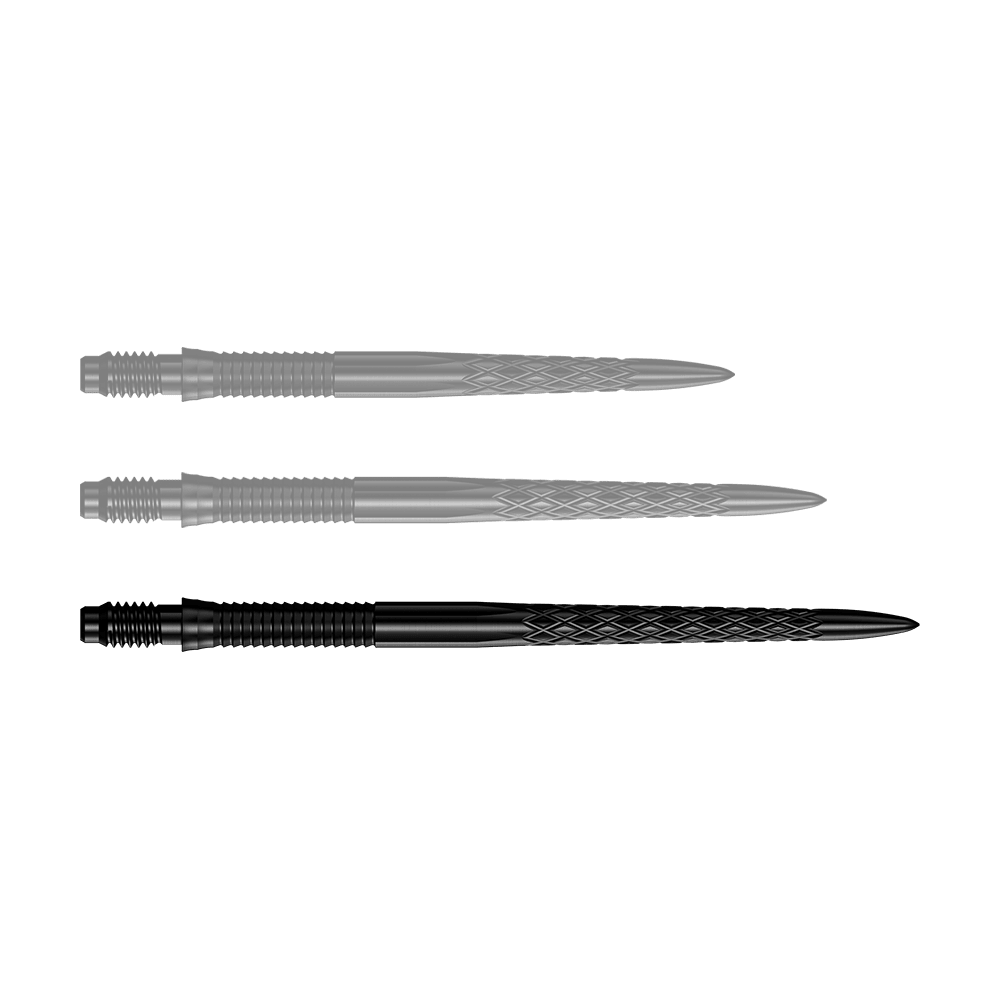 Dartspitzen in Schwarz werden angezeigt. Die Abbildung zeigt die Mission R25 Rapid Point DSX Dartspitzen mit einer Länge von 40mm.