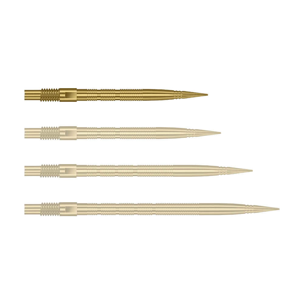 Punte per freccette Harrows Quick Point Micro Ridge - Oro Abgebildet sind goldene MicroRidge Dartspitzen mit einer Länge von 26 mm. Das Produkt ist vermutlich von Harrows, Modell Quick Point.