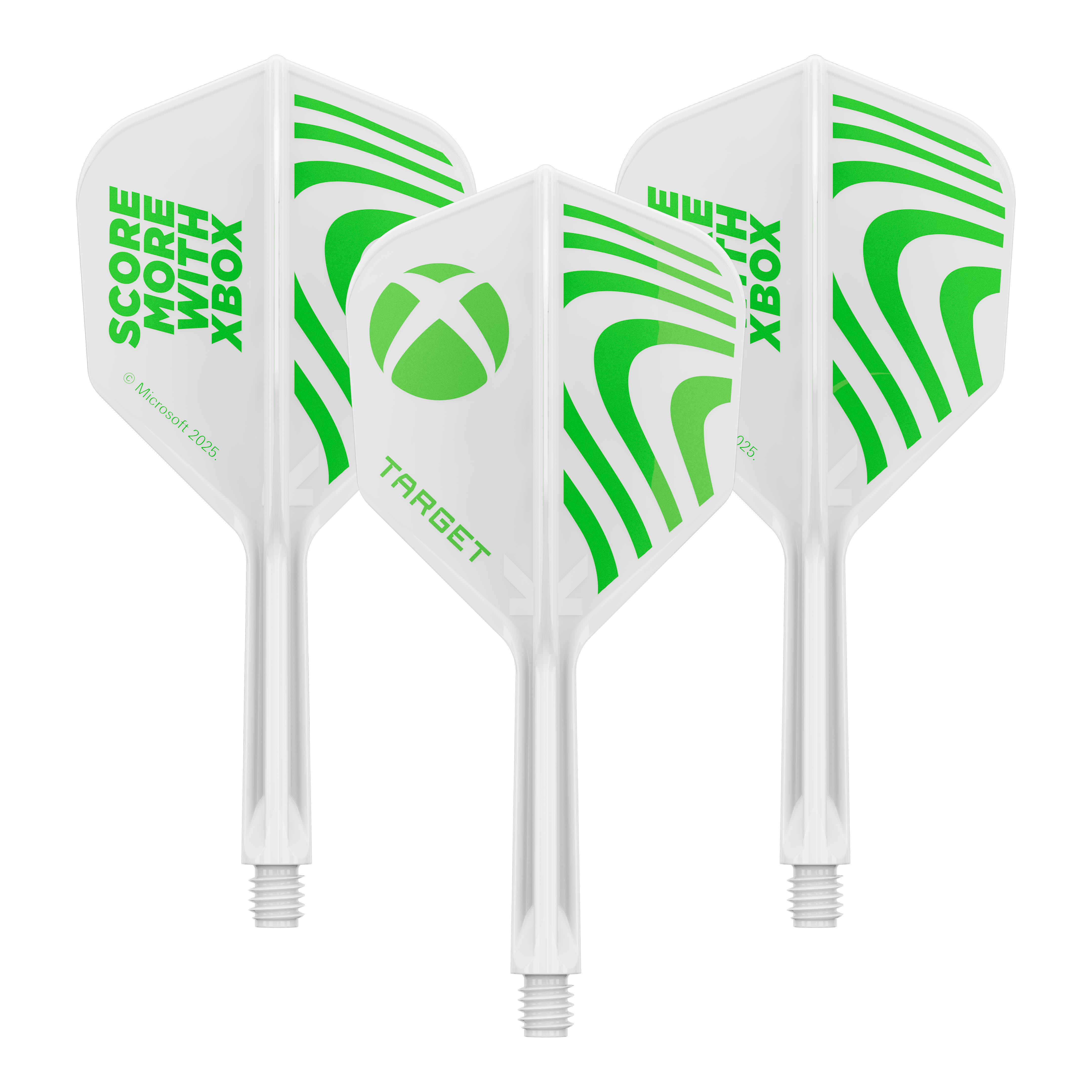 Abgebildet ist vermutlich ein Set Target Xbox KFlex No6 Flights in der Größe 26mm. Es handelt sich um Zubehör für Dartpfeile.