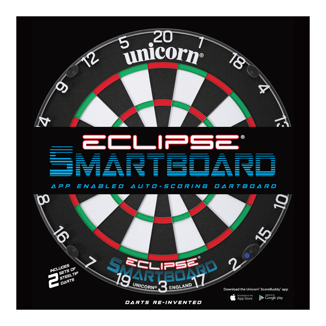 Bersaglio per freccette in acciaio Unicorn Eclipse Smartboard Das Bild zeigt das Produkt "Unicorn Eclipse Smartboard Steeldartboard". Es handelt sich um eine App-unterstützte Steeldart-Scheibe mit automatischer Punkteauswertung.