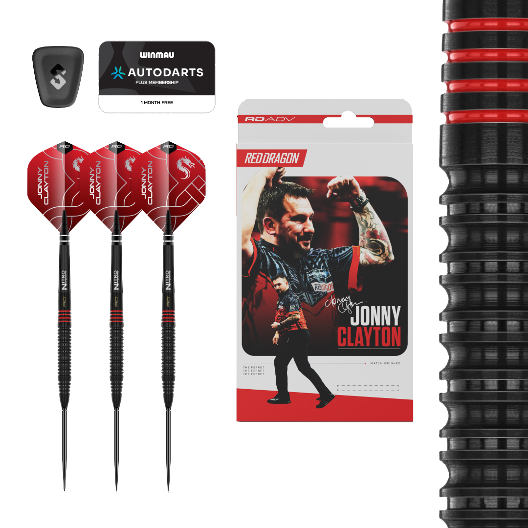 Freccette in acciaio Switch Point Red Dragon Jonny Clayton RD-ADV Abgebildet ist ein Set Red Dragon Jonny Clayton RD-ADV Switch Point Steeldarts. Die Darts sind deutlich zu erkennen und die Beschriftung ist lesbar.