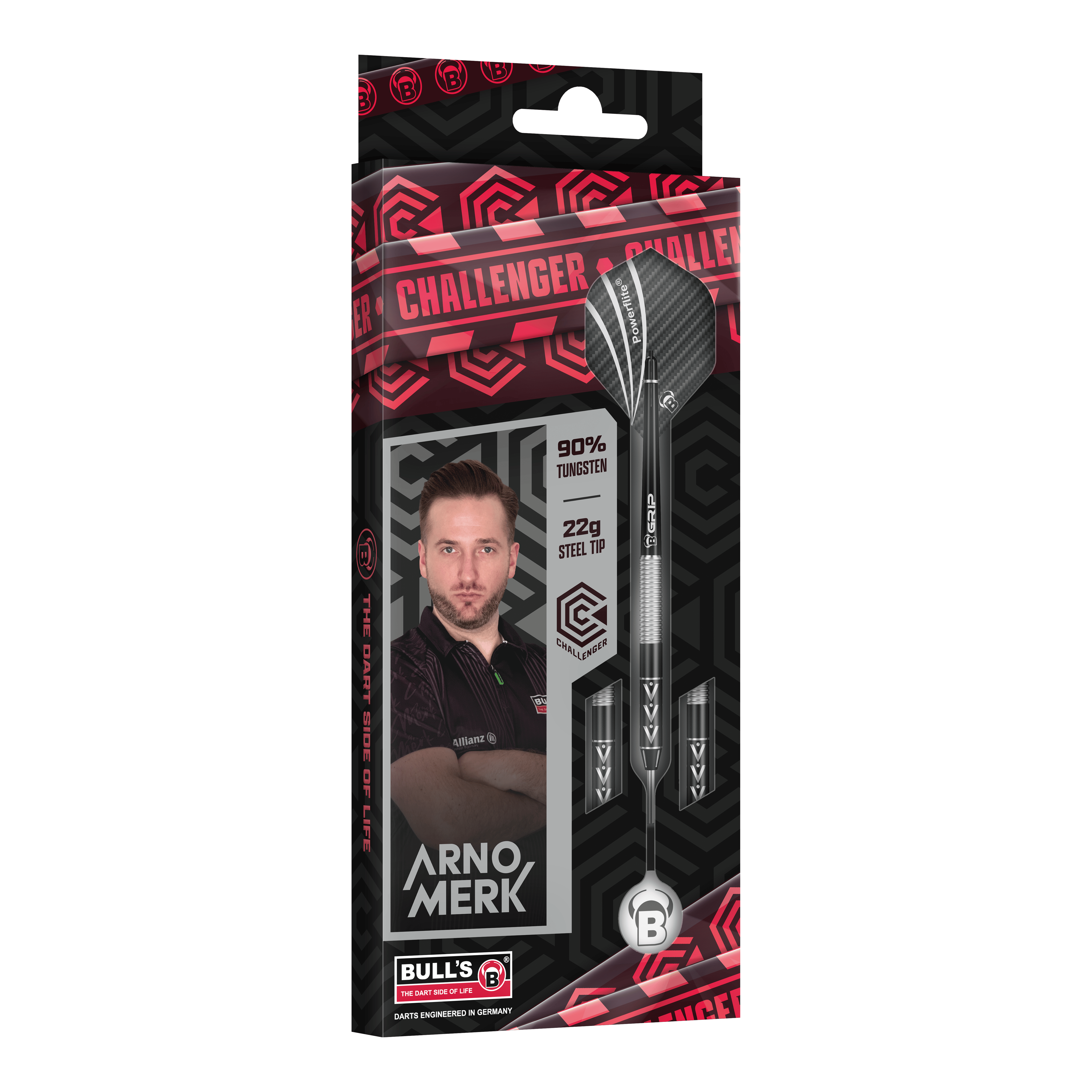 Freccette in acciaio Bulls Challenger Arno Merk - 22g Die Abbildung zeigt die Verpackung der „Bulls Challenger Arno Merk Steeldarts - 22g“. Auf der Verpackung sind der Dartspieler Arno Merk, die Darts sowie die Angaben „90% Tungsten“ und „22g Steel Tip“ zu sehen.