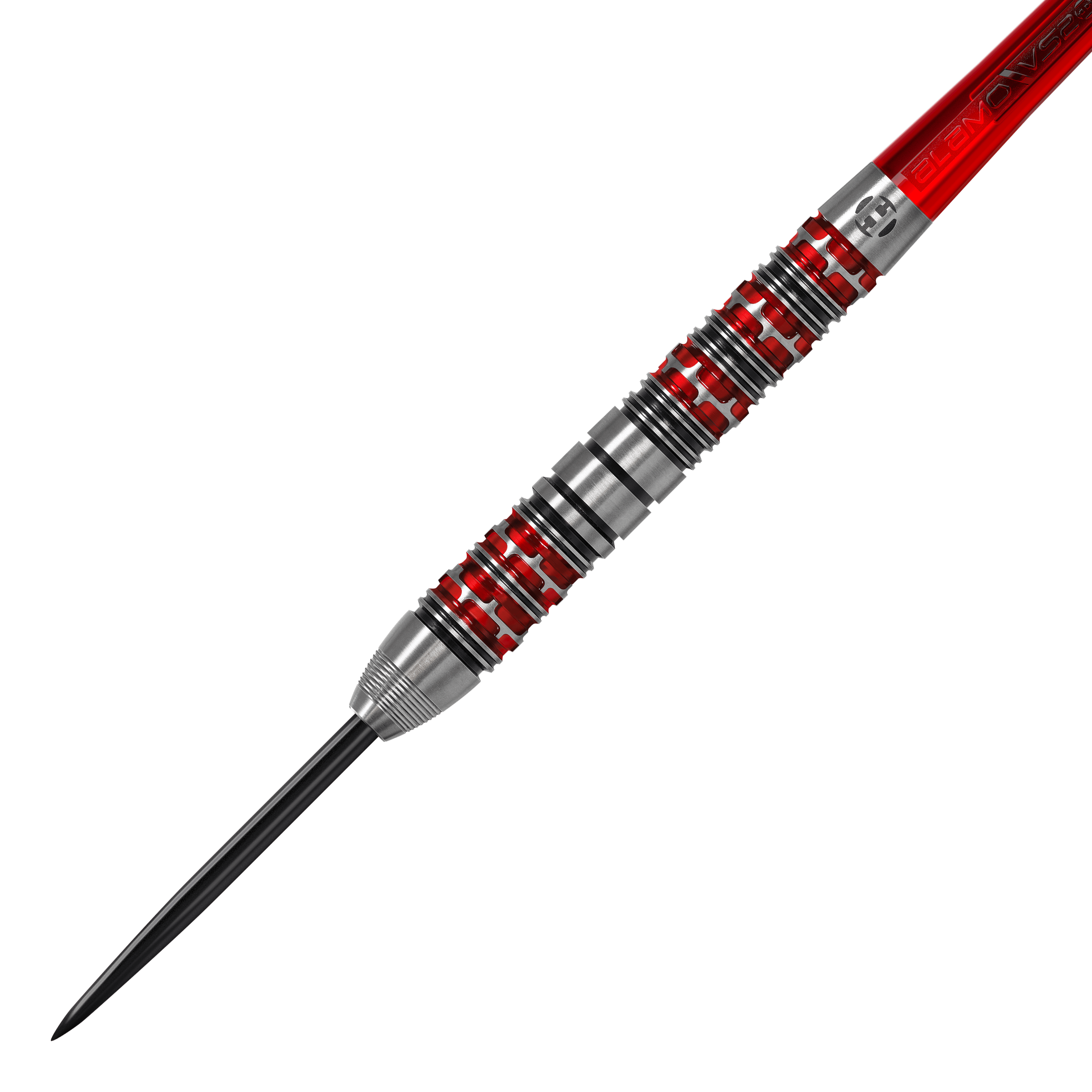 Freccette in acciaio Damon Heta Series 3 di Harrow Das Bild zeigt einen Harrows Damon Heta Series 3 Steeldart. Der Dartpfeil hat ein silbernes Barrel mit roten und schwarzen Akzenten.