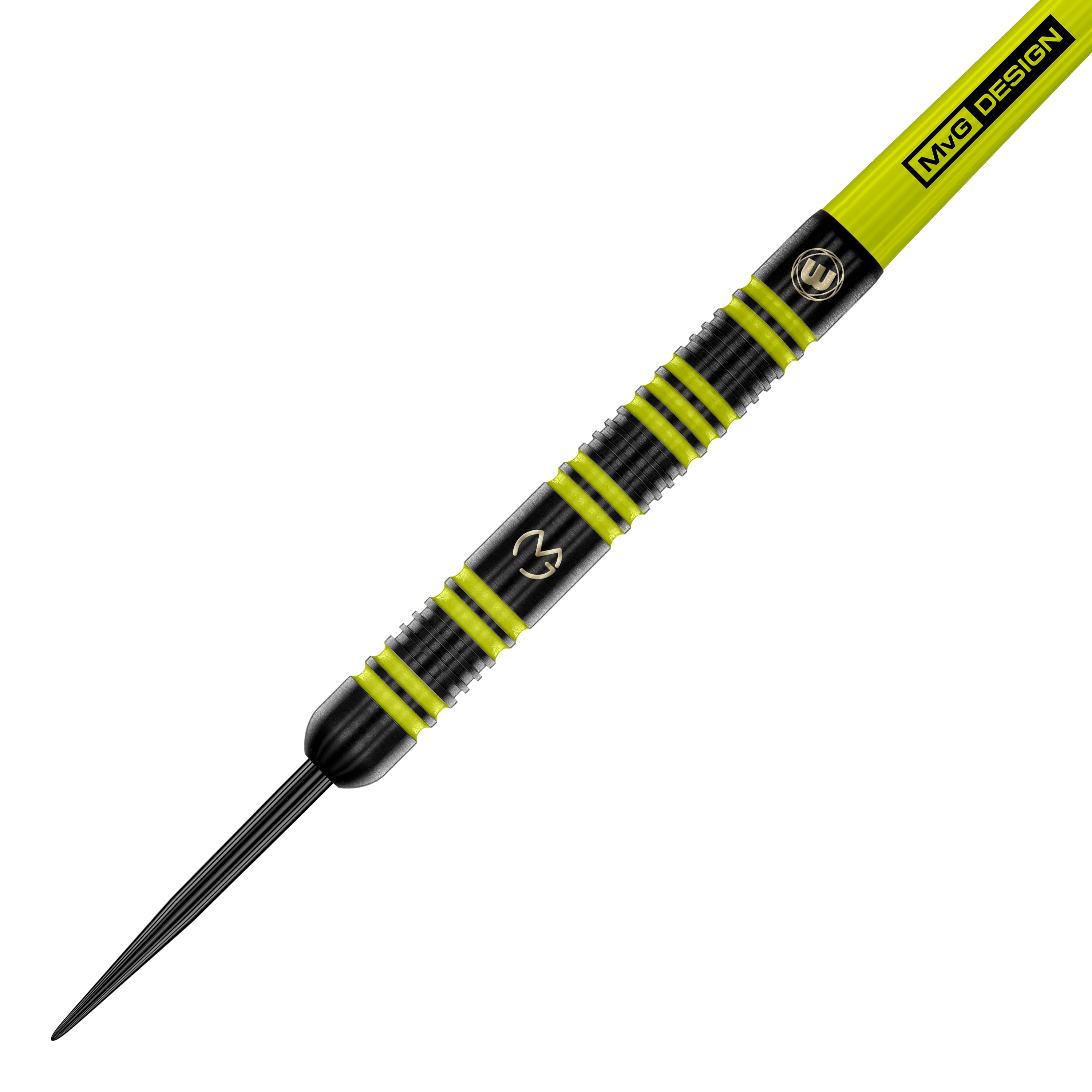 Freccette in acciaio Winmau Michael Van Gerwen 85 Pro-Series Das Bild zeigt einen Winmau Michael Van Gerwen 85 Pro-Series Steeldart. Der Dart ist schwarz mit auffälligen gelb-grünen Ringen und hat das MVG-Logo eingraviert.
