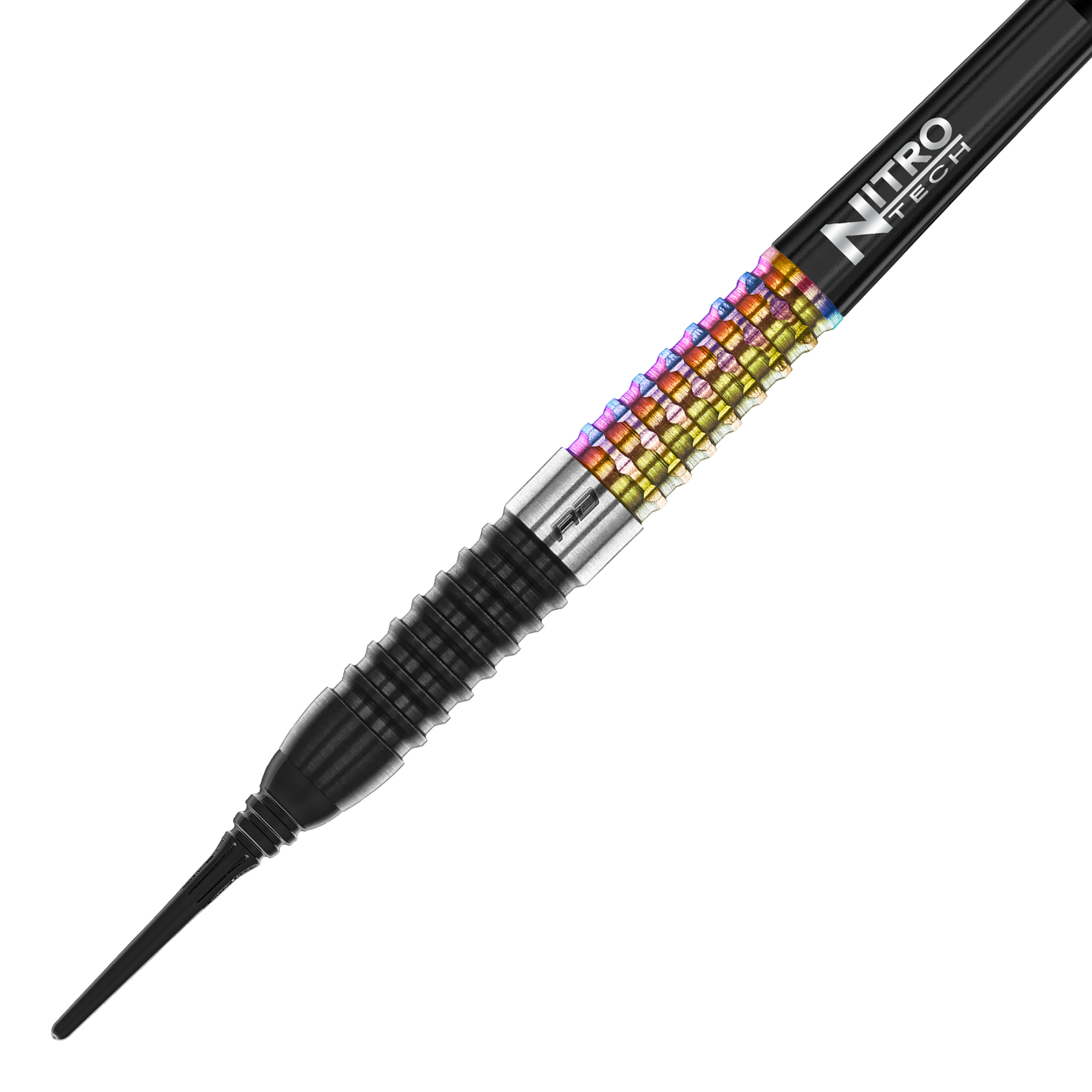 Freccette morbide Red Dragon Peter Wright Corra - 18 g Das Bild zeigt einen Red Dragon Peter Wright Corra Softdart mit 18g Gewicht. Der Dart hat ein farbiges, geriffeltes Griffstück und eine schwarze Spitze.
