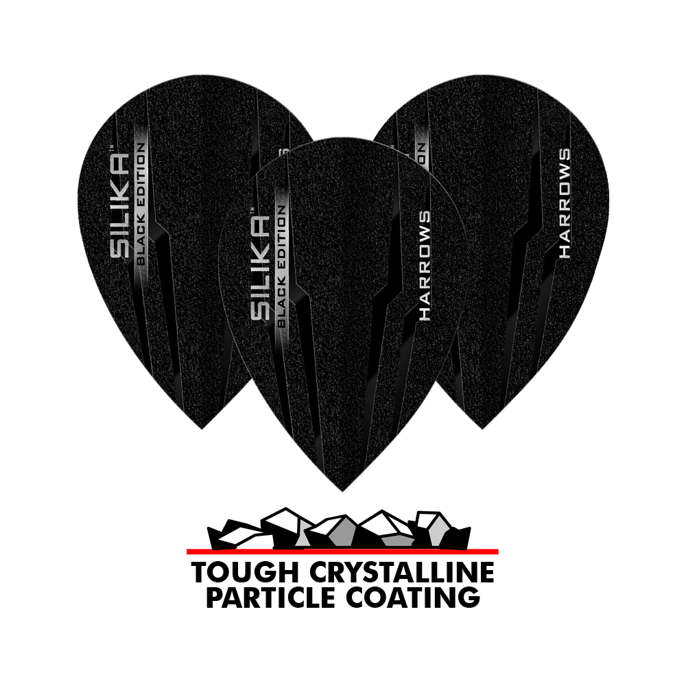 Voli di pere Harrow's Silica Black-Edition Das Bild zeigt die Harrows Silika Black-Edition Pear Flights, die in Schwarz mit silberner Beschriftung gestaltet sind. Unten im Bild steht „TOUGH CRYSTALLINE PARTICLE COATING“, was auf eine widerstandsfähige, kristalline Beschichtung hinweist.