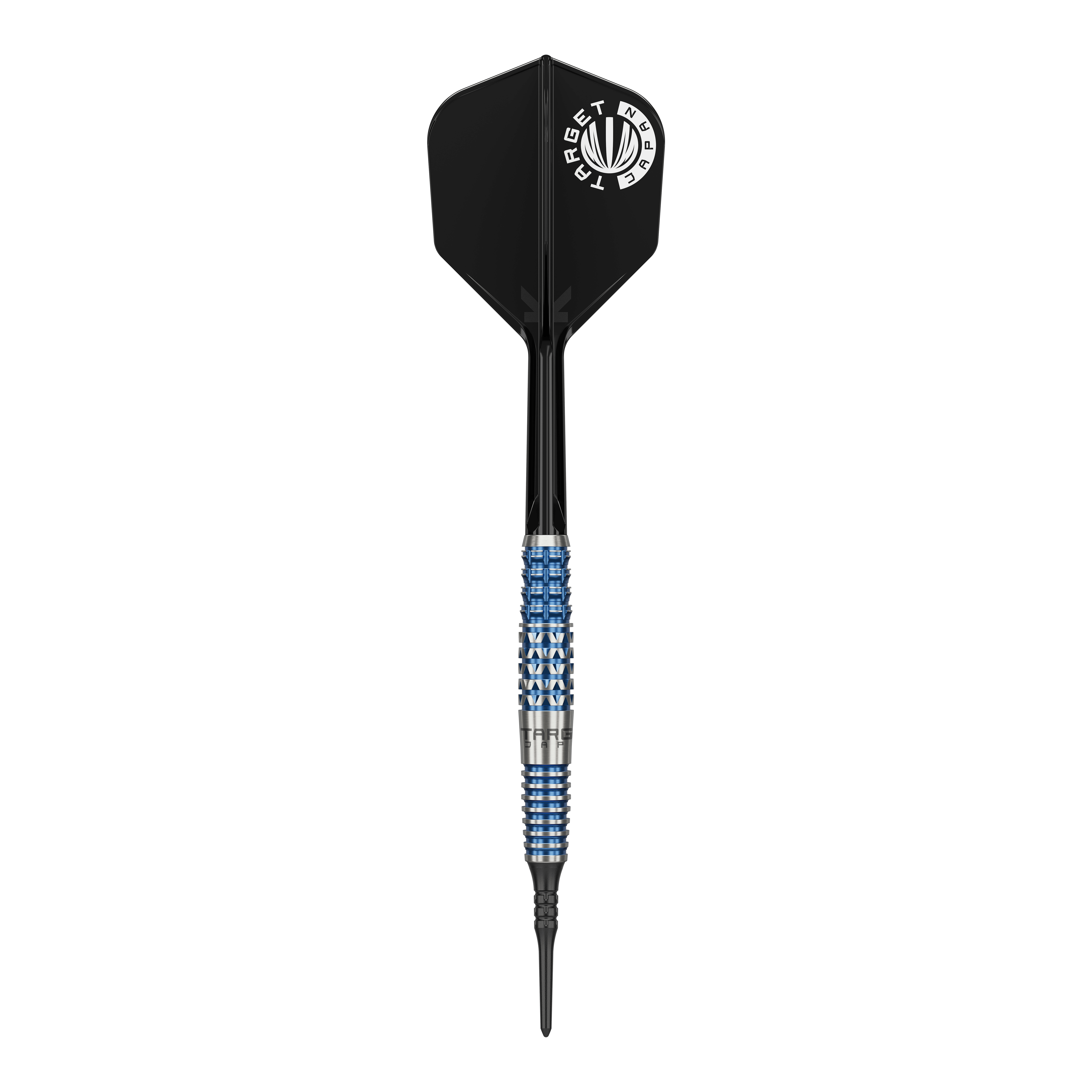 Target Japan Toru Suzuki Sereno GEN2 Freccette morbide - 20 g Das Bild zeigt einen Softdart der Marke Target Japan, Modell Toru Suzuki Sereno GEN2 mit 20g Gewicht. Der Dart hat ein auffälliges Design mit einem schwarz-blauen Griff und schwarzer Flight mit weißem Logo.