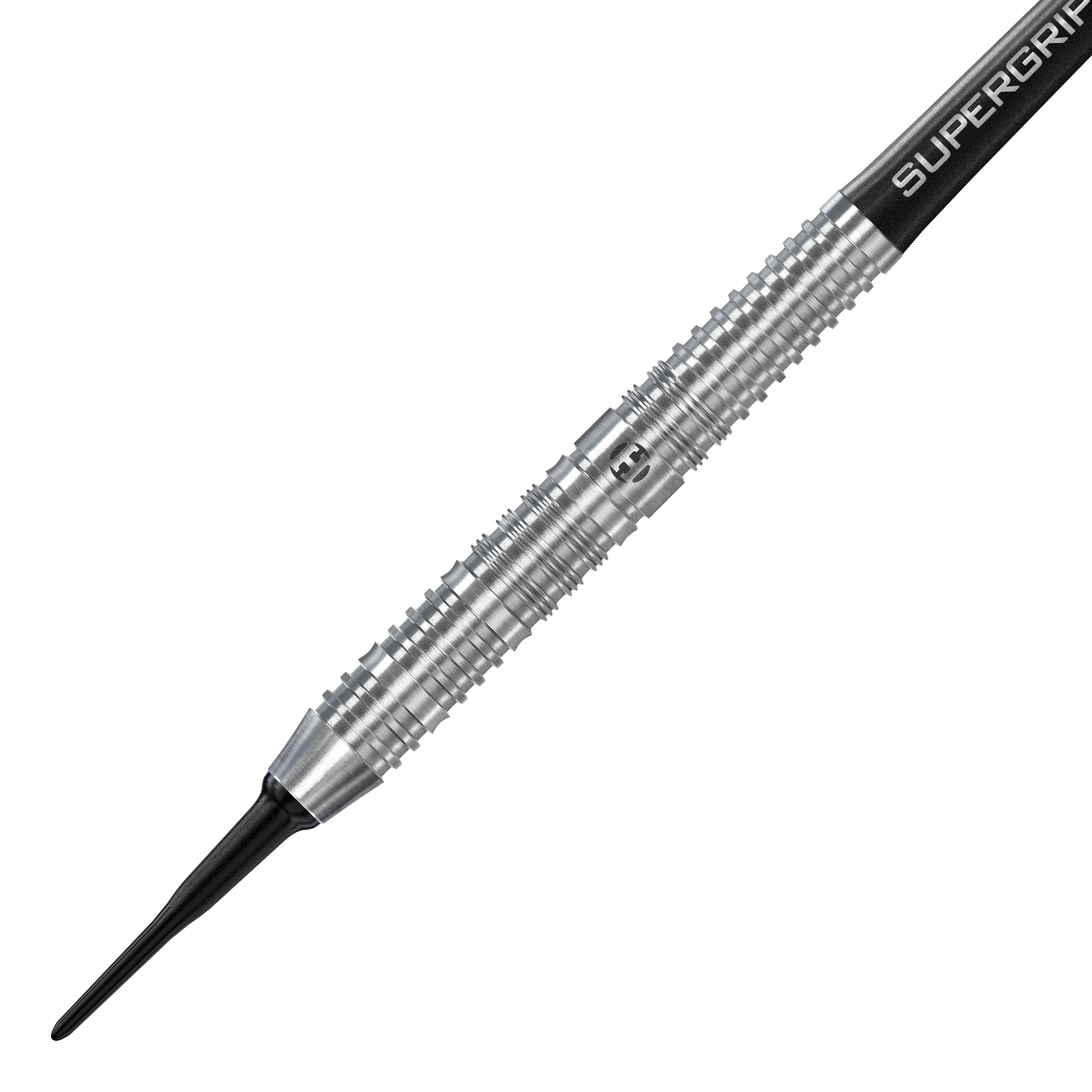 Harrows NX90 Softdarts paralleli Das Bild zeigt einen Harrows NX90 Parallel Softdart mit silbernem, geriffelten Barrel. Die Spitze ist schwarz und der Schaft trägt die Aufschrift "SUPERGRIP".