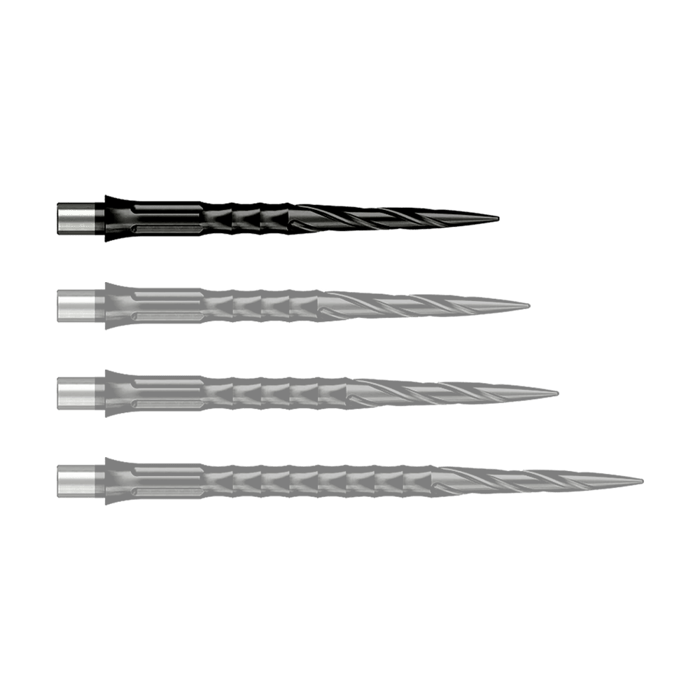 Punte per freccette in acciaio Caliburn System - Spiro - No Lip - Nero Das Foto zeigt Caliburn Evo System Steeldartspitzen Spiro NoLip Black in 28 mm Länge. Diese Dartspitzen sind in Schwarz gehalten und besonders langlebig.