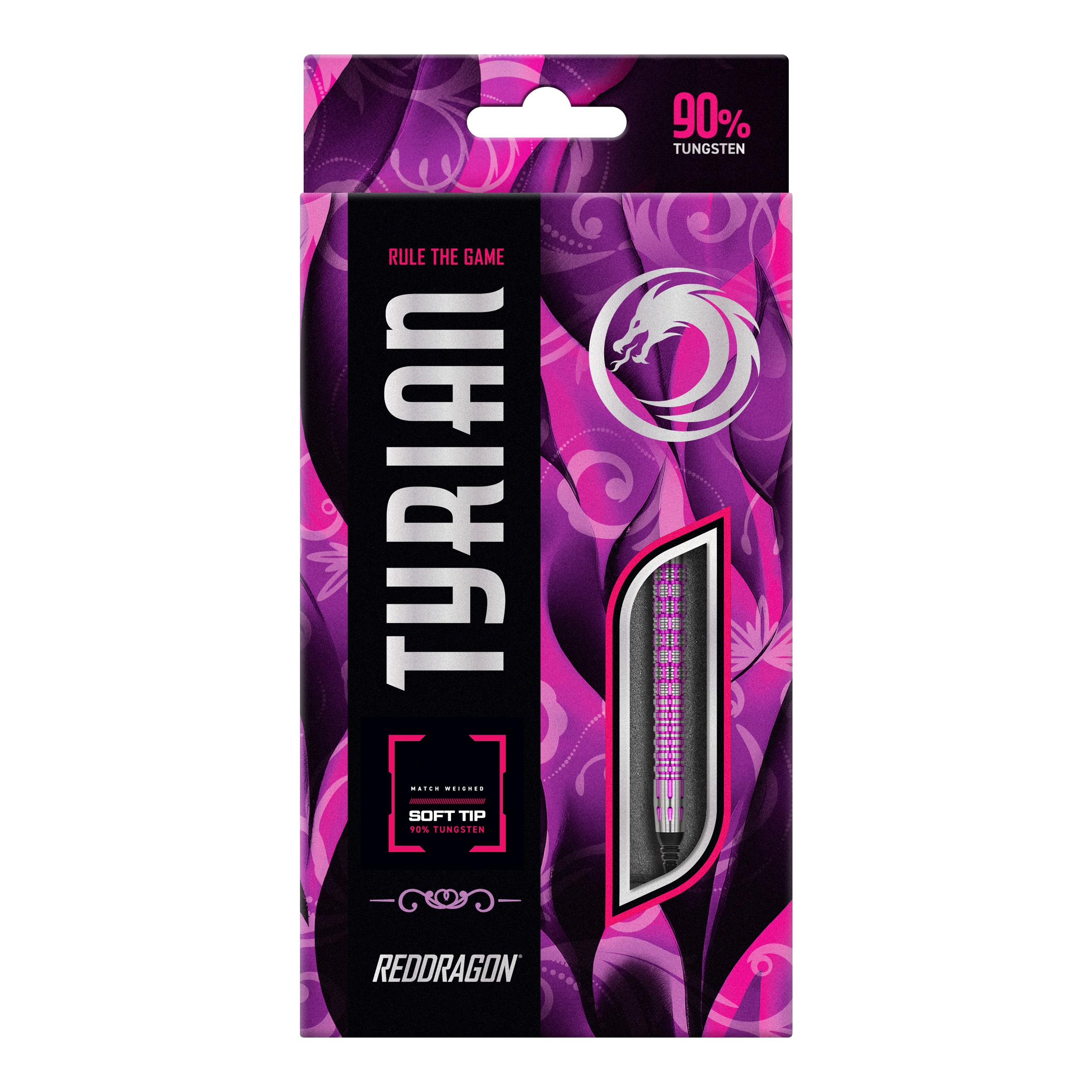 Freccette morbide Red Dragon Tyrian - 22 g Die Abbildung zeigt die Verpackung der "Red Dragon Tyrian Softdarts - 22g". Die Schachtel ist lila und pink gestaltet und hebt hervor, dass die Darts zu 90 % aus Wolfram bestehen.