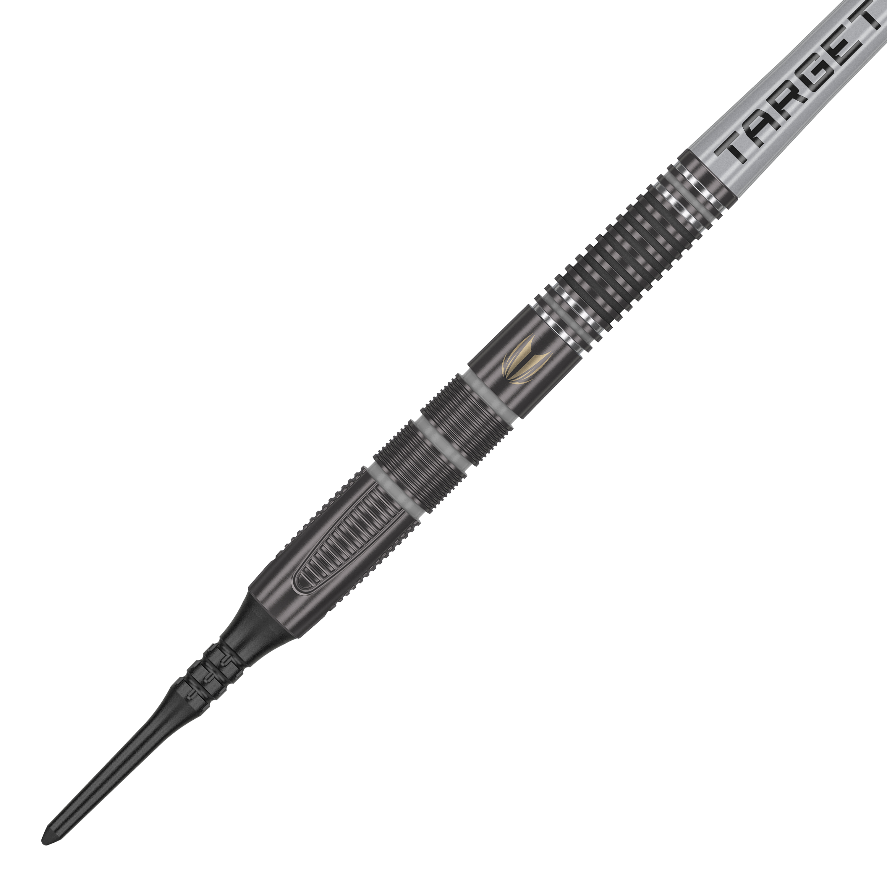 Freccette morbide Target Nathan Aspinall X Echo - 18 g Das Bild zeigt einen Target Nathan Aspinall X Echo Softdart mit einem Gewicht von 18g. Der Dart ist schwarz und silber und hat das Wort "TARGET" auf dem Flight stehen.