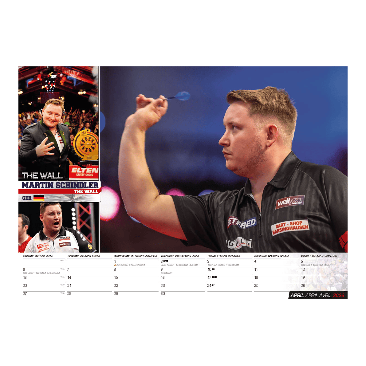 Calendario freccette 2026 Dieses Bild stellt den Darts Kalender 2026 dar. Der Kalender bietet verschiedene Darts-Bilder für jeden Monat im Jahr 2026.