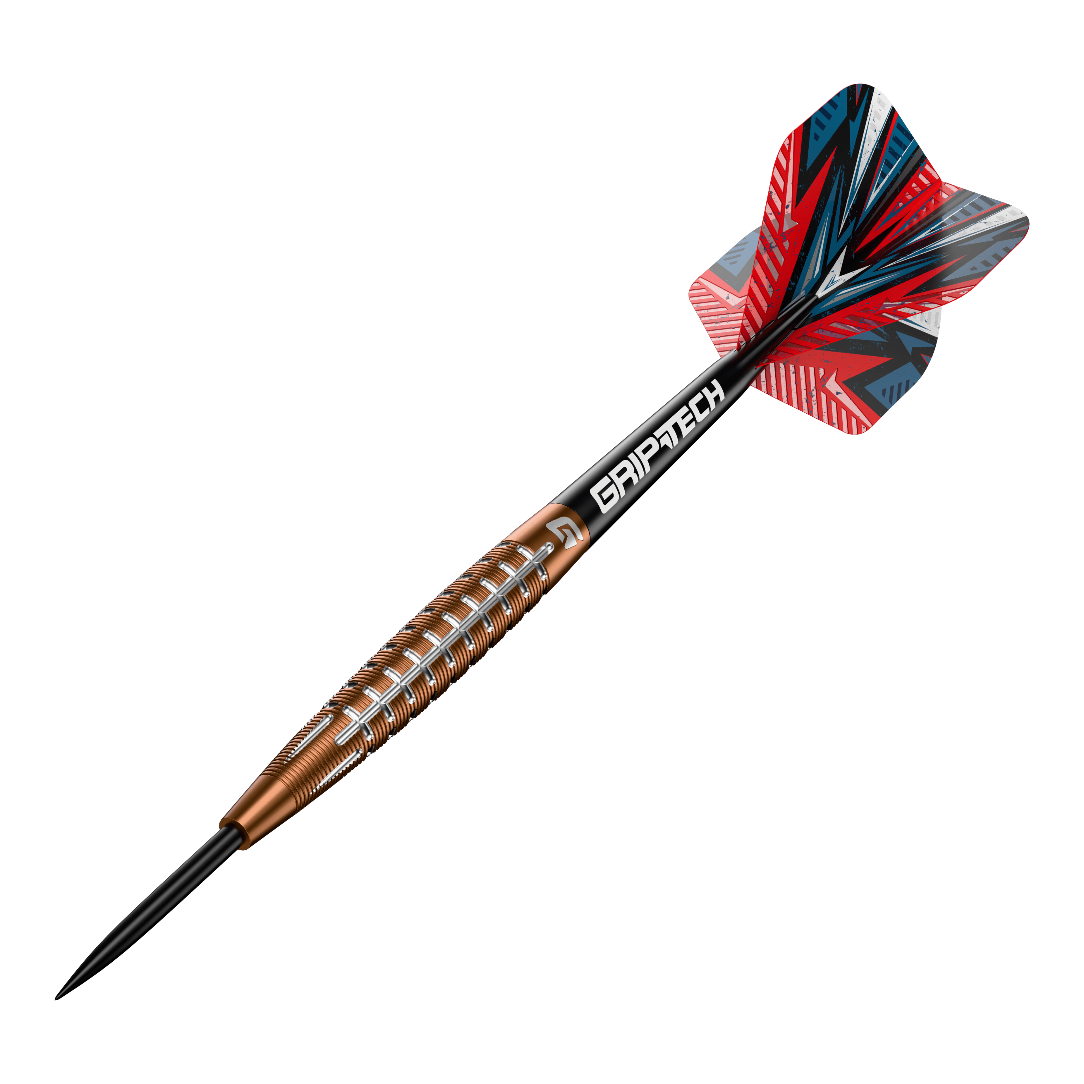 Freccette in acciaio al tungsteno GOAT Quarterback V1 Das Bild zeigt einen GOAT Quarterback V1 Tungsten Steeldart. Der Dartpfeil hat ein auffälliges Design mit einer rot-blauen Flight und einem goldenen Griff mit silbernen Rillen.