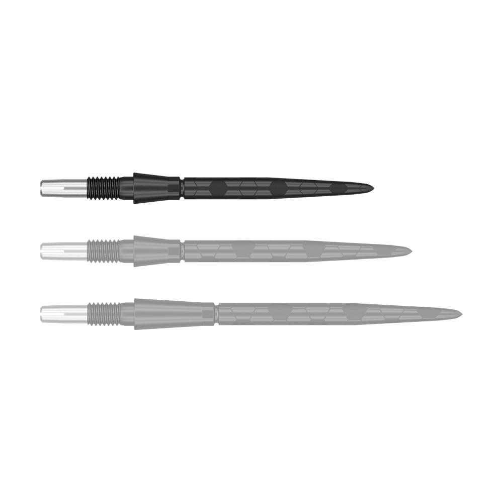Punte per freccette Target Swiss Storm Onyx Point - Nere Das Bild zeigt drei schwarze Dartspitzen in einer Reihe. Sie haben ein metallisches Gewinde am einen Ende und sind schlank sowie geriffelt gestaltet.