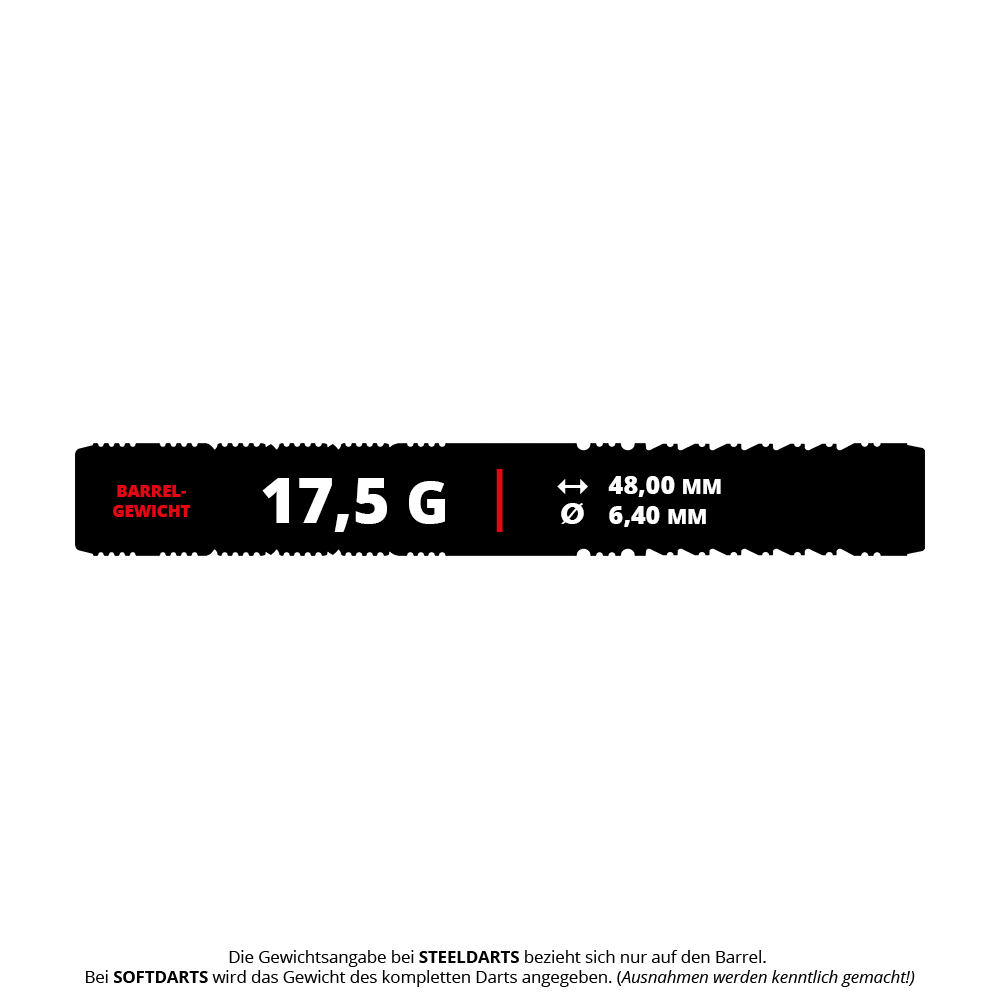Target Japan Black Marque Reyn GEN2 Freccette morbide - 17,5 g Das Bild zeigt die Produktspezifikationen der Target Japan Black Marque Reyn GEN2 Softdarts mit einem Gewicht von 17,5 Gramm. Die Barrel-Länge beträgt 48,00 mm und der Durchmesser 6,40 mm.