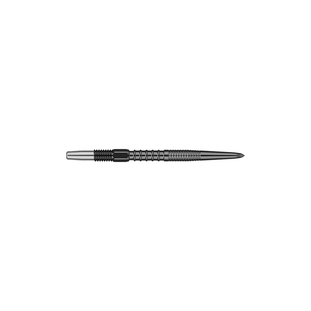 Punte per freccette Target Swiss Firepoint nere Das Bild zeigt eine schwarze Dartspitze mit geriffeltem Griff. Sie ist schlank und weist eine Länge von etwa 26 mm auf.