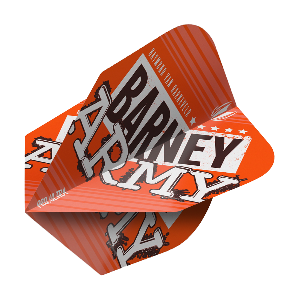 TG64_334310_Target_ProUltra_Barney_Army_Orange_Ten-X_Flights_2 Das Bild zeigt ein orangefarbenes Dart-Flight mit der Aufschrift "Barney Army". Das Design ist auffällig und enthält weiße und schwarze Schriftzüge sowie grafische Elemente.