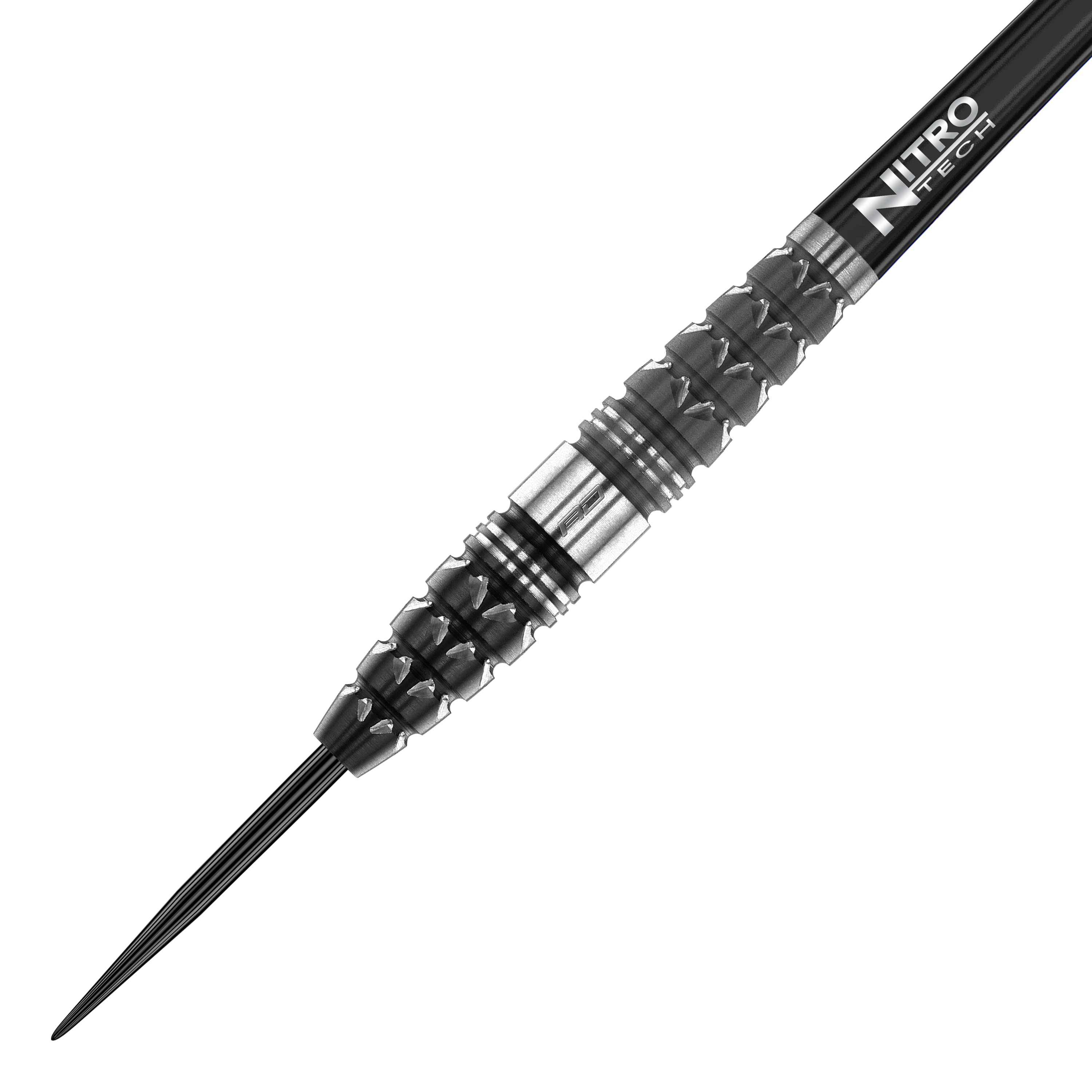 Dardi in acciaio Paradym Torpedo del drago rosso Das Bild zeigt einen Red Dragon Paradym Torpedo Steeldart. Der Dart hat ein schwarzes und silbernes, strukturiertes Barrel und eine Spitze aus Metall.