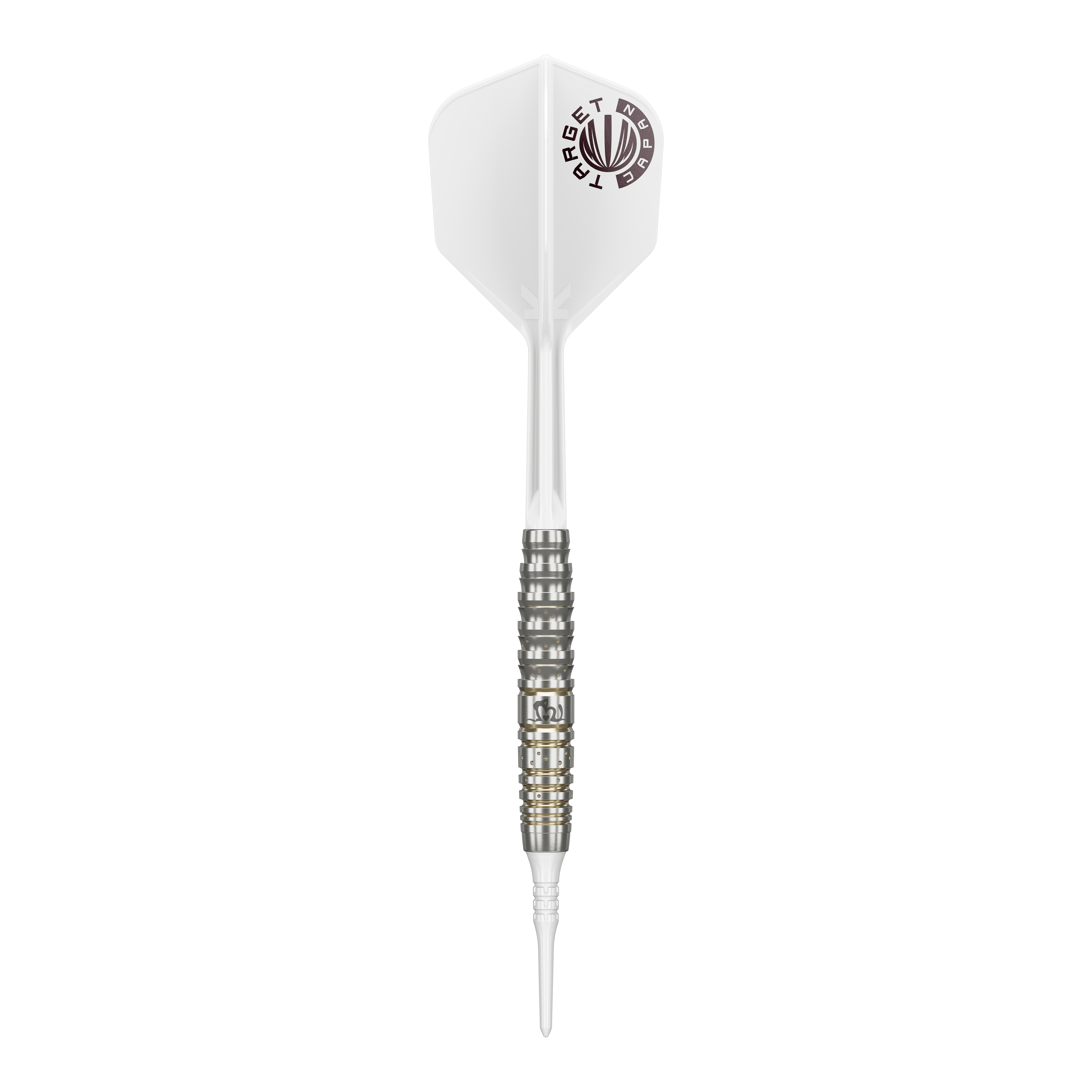 Target Japan Prime Series Mayujo Morita GEN6 Freccette morbide - 18 g Das Bild zeigt einen Softdart der Serie "Target Japan Prime Series Mayujo Morita GEN6" mit einem Gewicht von 18g. Der Dart hat eine weiße Flight mit Logo und einen silberfarbenen, fein gerillten Barrel.