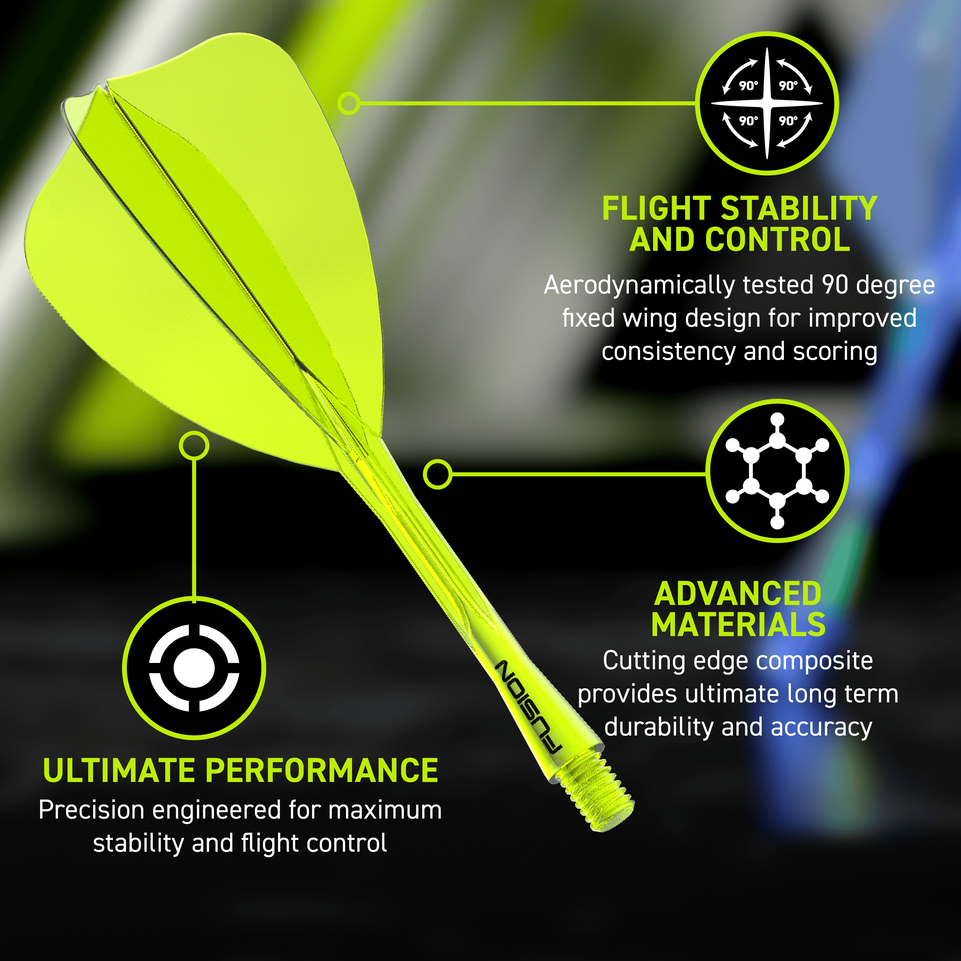 Winmau Fusion Flight Shaft System Freccia Giallo Neon Das Bild zeigt das Winmau Fusion Flight-Shaft-System Arrow Neon Yellow. Es handelt sich um einen neon-gelben Flight-Shaft für Darts.