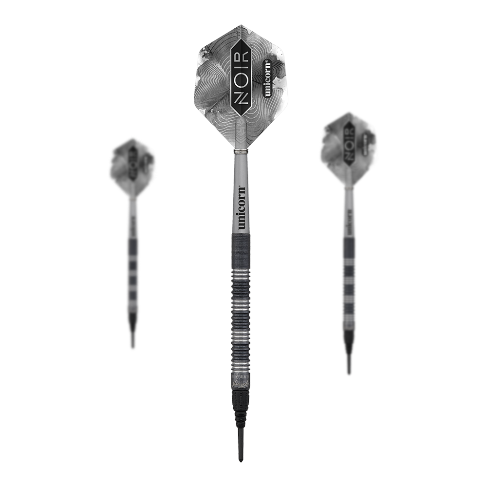 Freccette morbide Unicorn Noir James Wade Auf dem Bild sind drei elektronische Softdarts zu sehen. Die Dartpfeile sind mit schwarz-silbernen Flights und der Aufschrift "NOIR" und "unicorn" versehen.