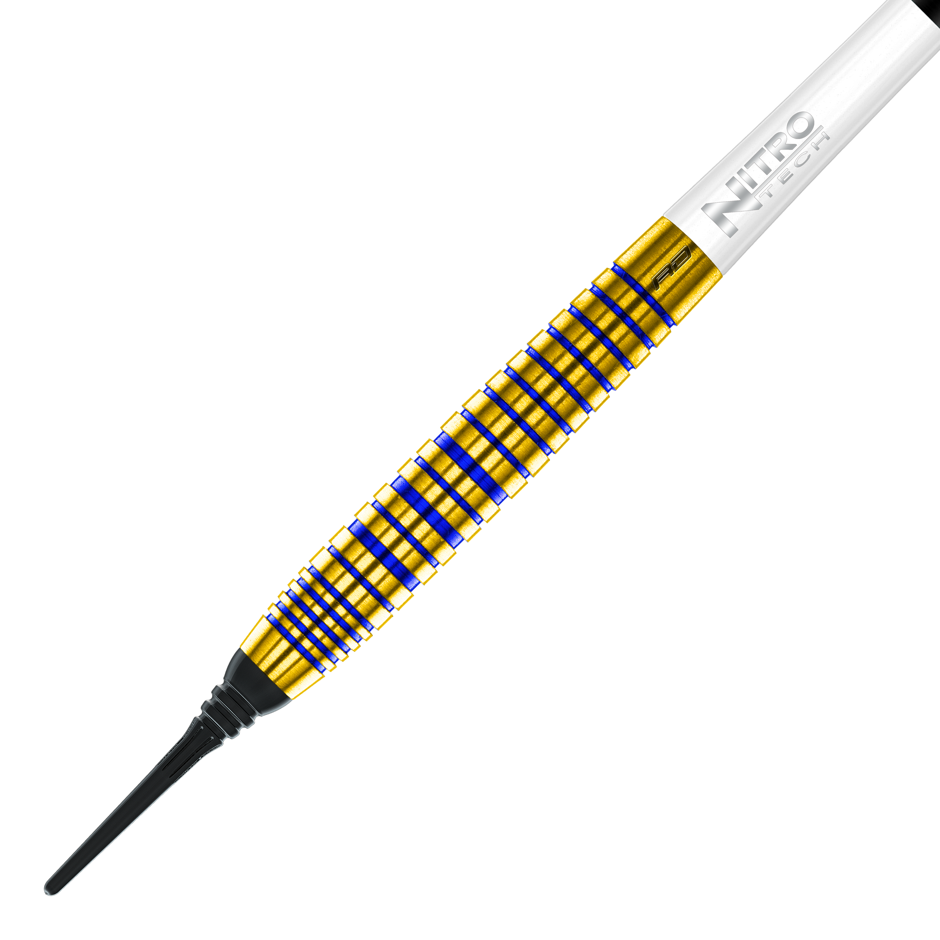 Freccette morbide Red Dragon Luke Humphries TX3 Gold SE - 20 g Das Bild zeigt einen Softdart aus der Serie „Red Dragon Luke Humphries TX3 Gold SE“ mit einem Gewicht von 20 Gramm. Der Dart hat einen goldenen Schaft mit blauen Rillen und einer weißen „Nitro Tech“-Schraube.