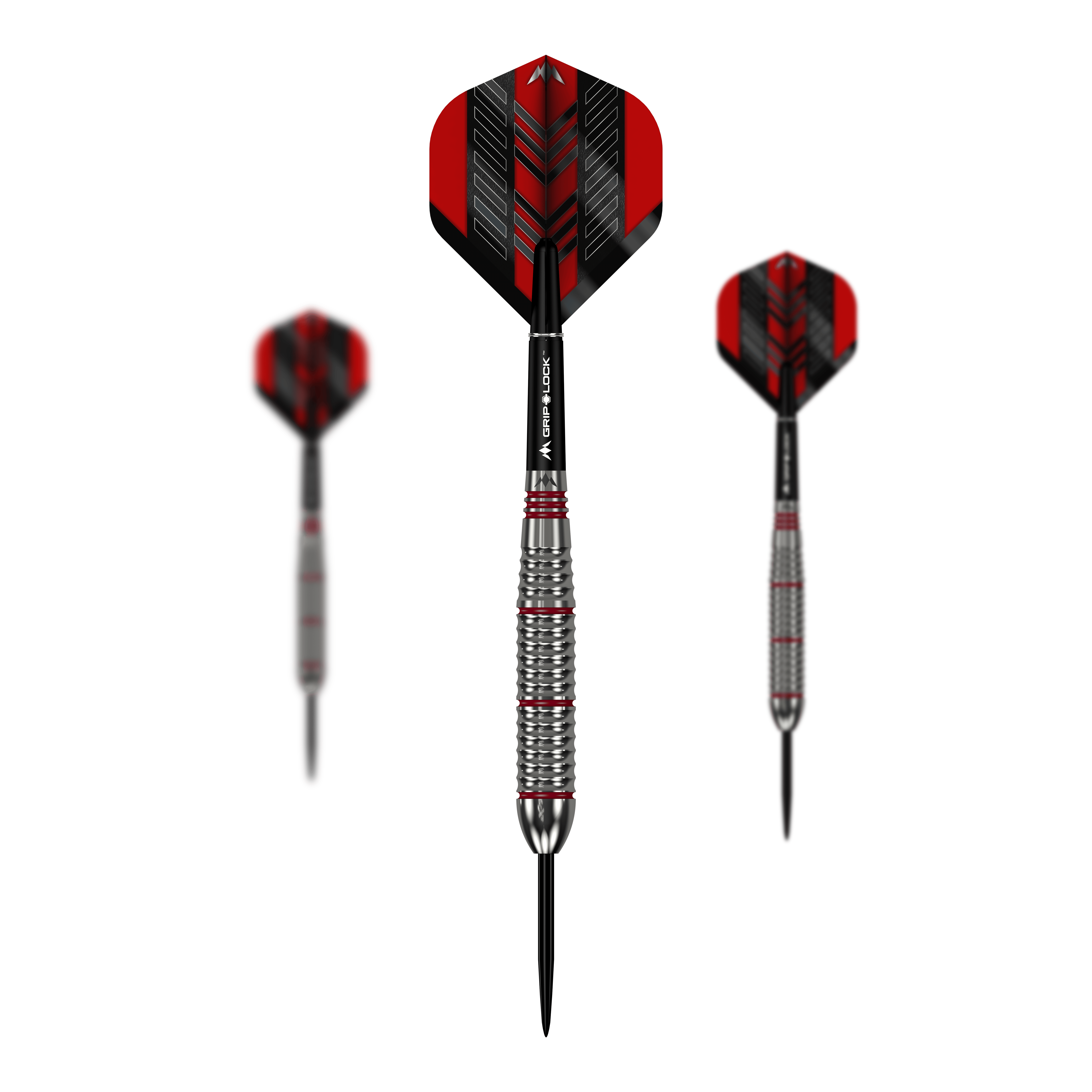 Freccette Mission Rogue in ottone e acciaio - 22 g Das Bild zeigt drei Mission Rogue Brass Steeldarts mit einem Gewicht von 22g. Die Darts haben rote und schwarze Flights sowie silberne, gerillte Barrels.