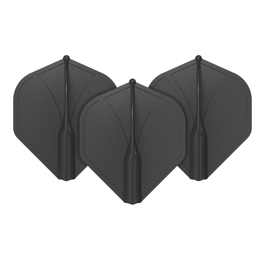 Alette standard n. 2 stampate con profilo alare Shot Auf dem Bild sind drei schwarze Dart-Flights zu sehen. Sie stehen aufrecht nebeneinander und haben eine standardmäßige, geformte Flügelform.