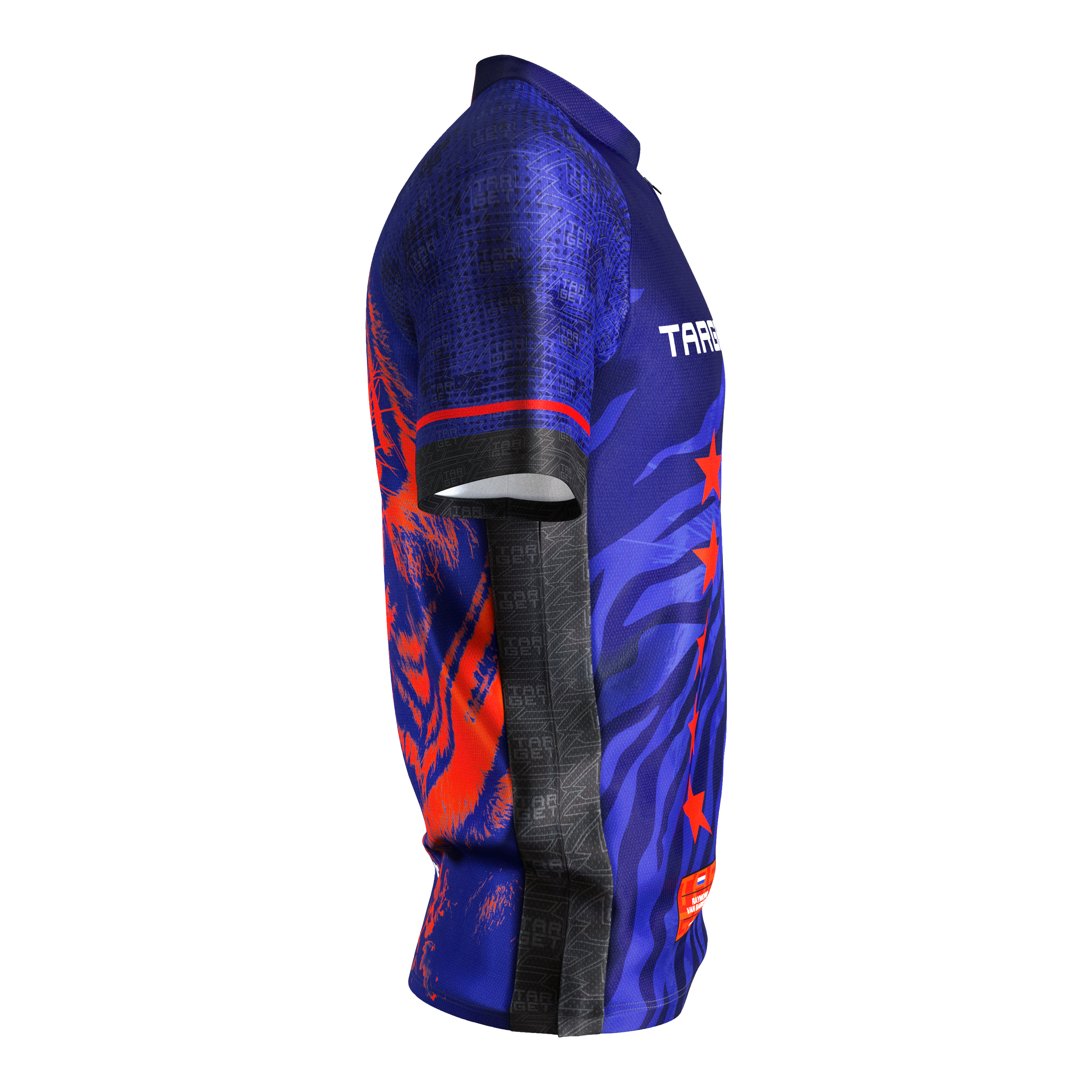 Maglia da freccette Target Coolplay Raymond Van Barneveld 2025 Das Bild zeigt das "Target Coolplay Raymond Van Barneveld 2025 Dartshirt". Das Shirt ist überwiegend blau mit roten und schwarzen Akzenten sowie auffälligen Grafiken.