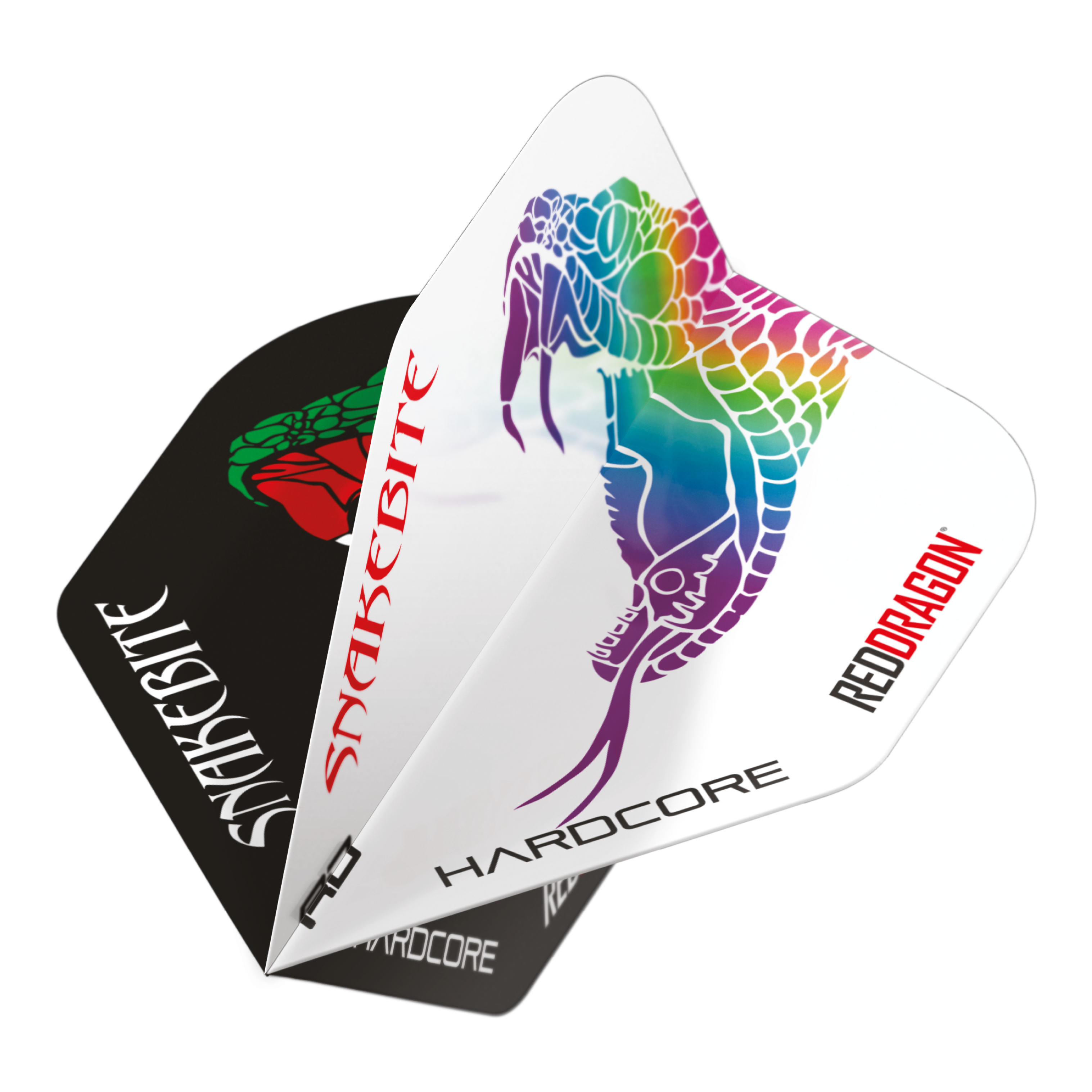 Voli standard Red Dragon Peter Wright Snakebite Black White Yin Yang Das Bild zeigt die Red Dragon Peter Wright Snakebite Black White Yin Yang Standard Flights für Darts. Auf den Flights sind bunte Schlangenmotive und die Schriftzüge "Snakebite" und "Red Dragon" zu sehen.