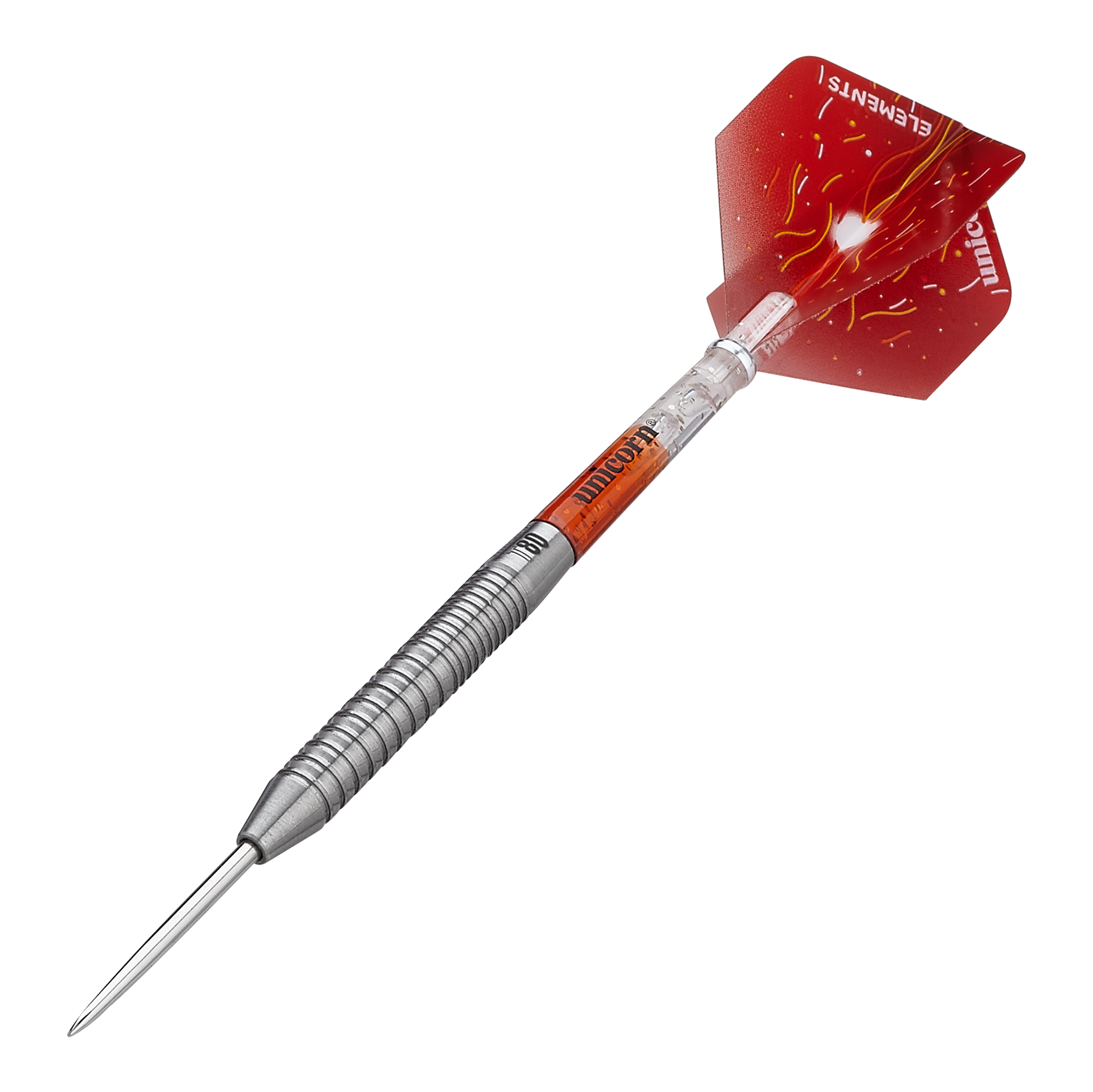 Freccette in acciaio Unicorn Core XL Striker Style 1 - 22 g Das Bild zeigt einen Unicorn Core XL Striker Style 1 Steeldart mit 22g Gewicht. Der Dart hat einen silbernen, geriffelten Schaft und rote Flights mit einem Feuerdesign.