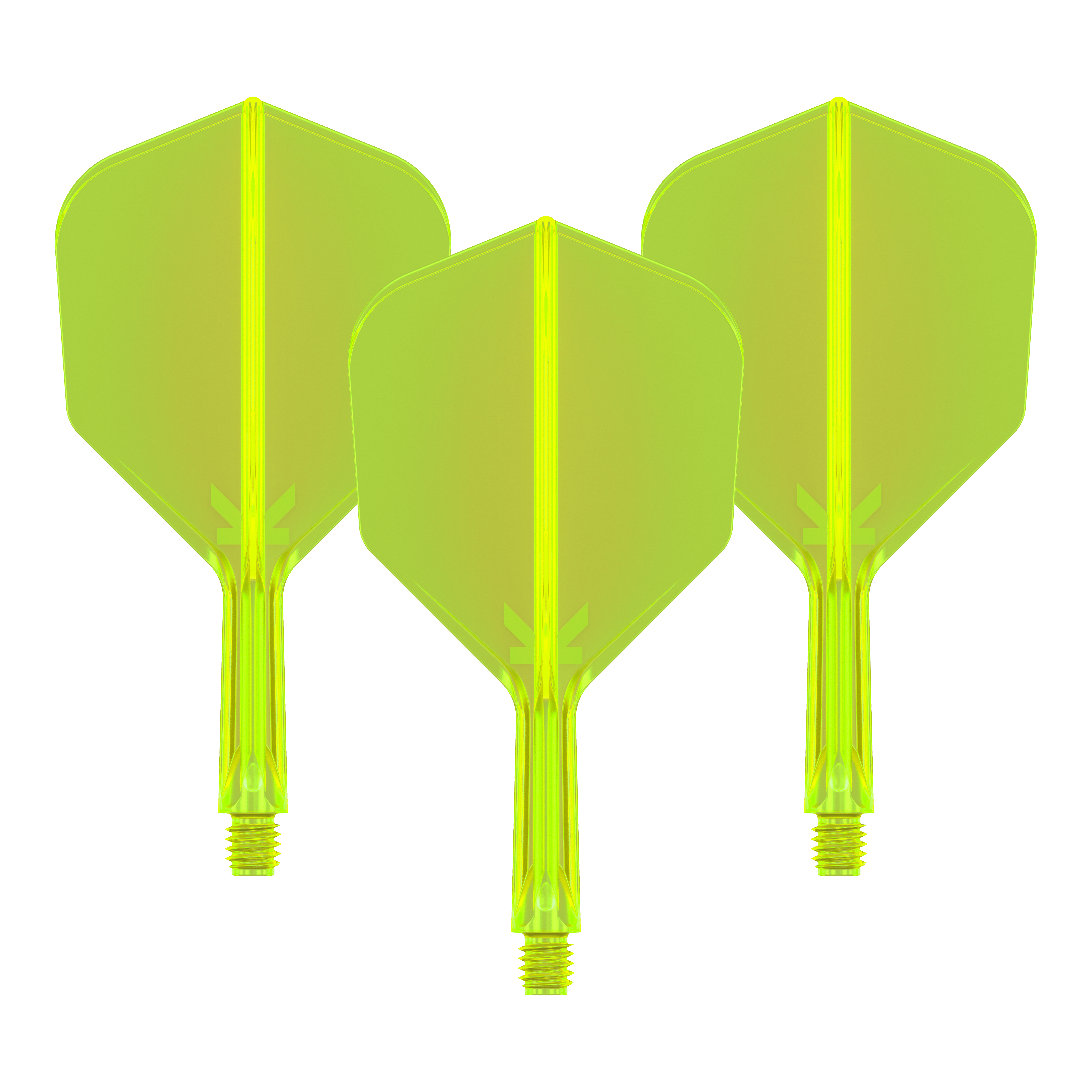 Target K-Flex No6 Flight System - Giallo Neon Das Bild zeigt drei neongelbe Dartflights mit integrierten Schäften. Sie sind nebeneinander angeordnet und auf schwarzem Hintergrund zu sehen.
