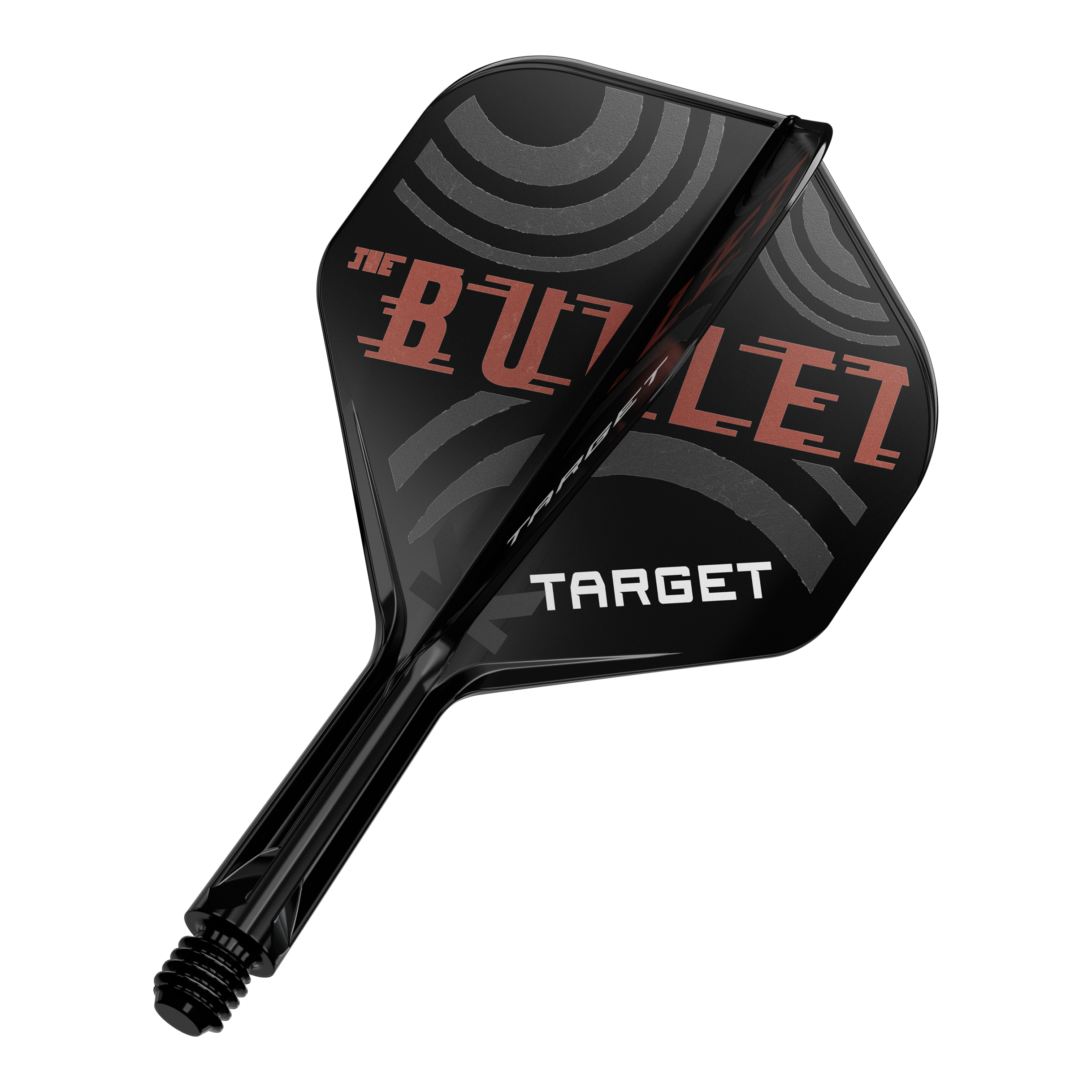 Sistema di alberi di volo standard Target K-Flex Stephen Bunting No2 Das Bild zeigt einen schwarzen Dartpfeil mit der Aufschrift „THE BULLET“ und „TARGET“ auf den Flügeln. Die Flügel haben ein modernes, kreisförmiges Design in Grau und Rot.